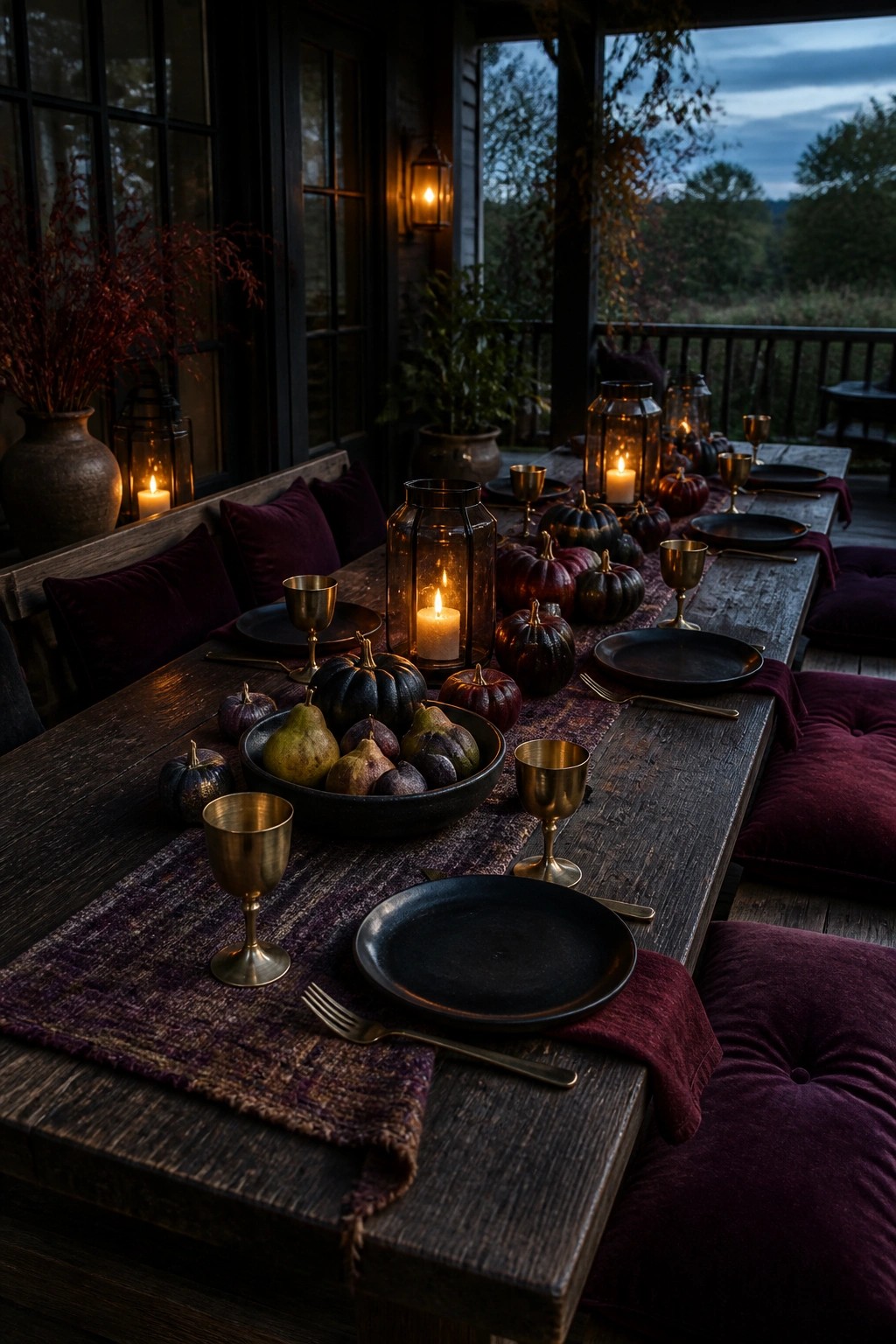 A long wooden outdoor table set with dark plates, gold goblets, a bowl of pears and small pumpkins, velvet cushions on benches, and multiple lit lanterns along the table at dusk.