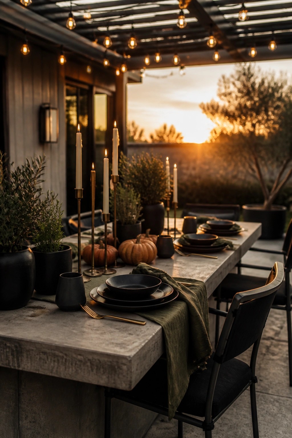 An outdoor concrete dining table set with black dishes, green linens, small pumpkins, and multiple lit white candles under string lights at sunset.