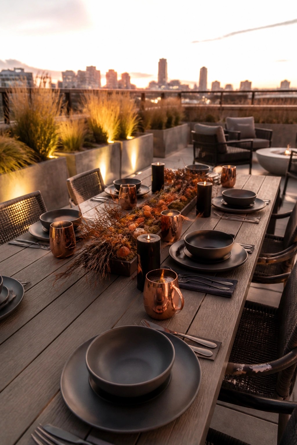 A long wooden table set for outdoor dining on a rooftop terrace with dark plates, copper mugs, black candles, and dried foliage down the center, city skyline visible in the background.