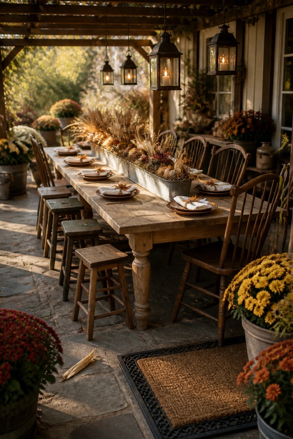 A long wooden table on a stone patio with a metal trough running down the center filled with dried fall foliage and small pumpkins, set with plates and surrounded by mixed wooden chairs and stools under hanging lanterns.
