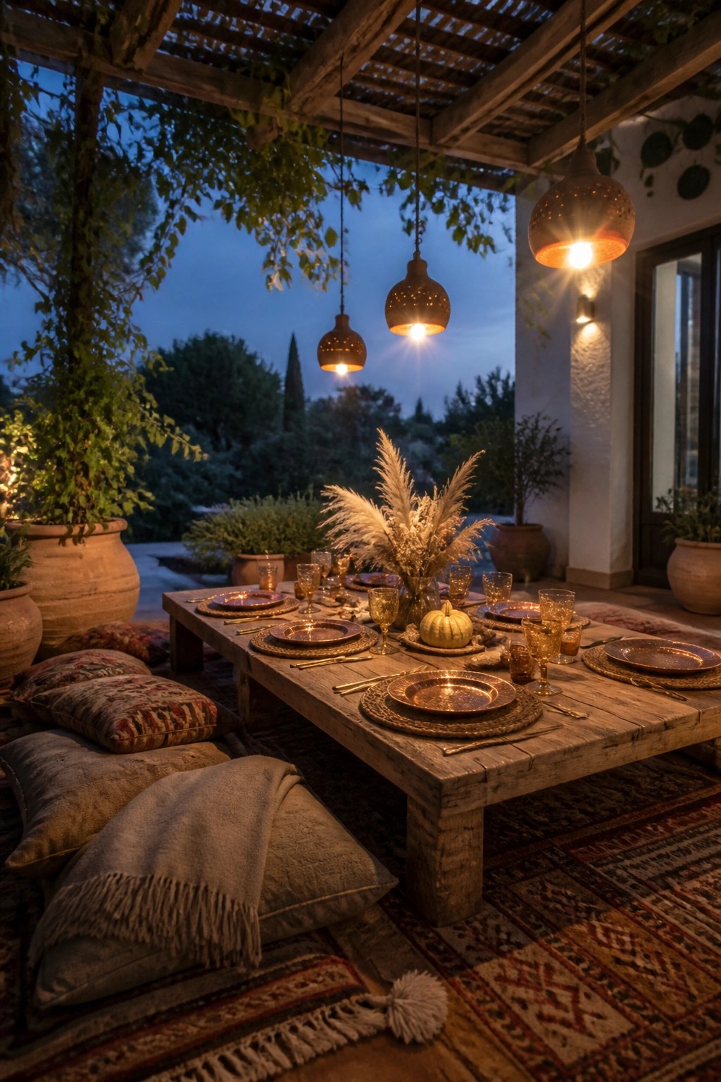 An outdoor wooden dining table set with plates and glassware, surrounded by pillows on rugs beneath hanging lights on a patio at dusk.