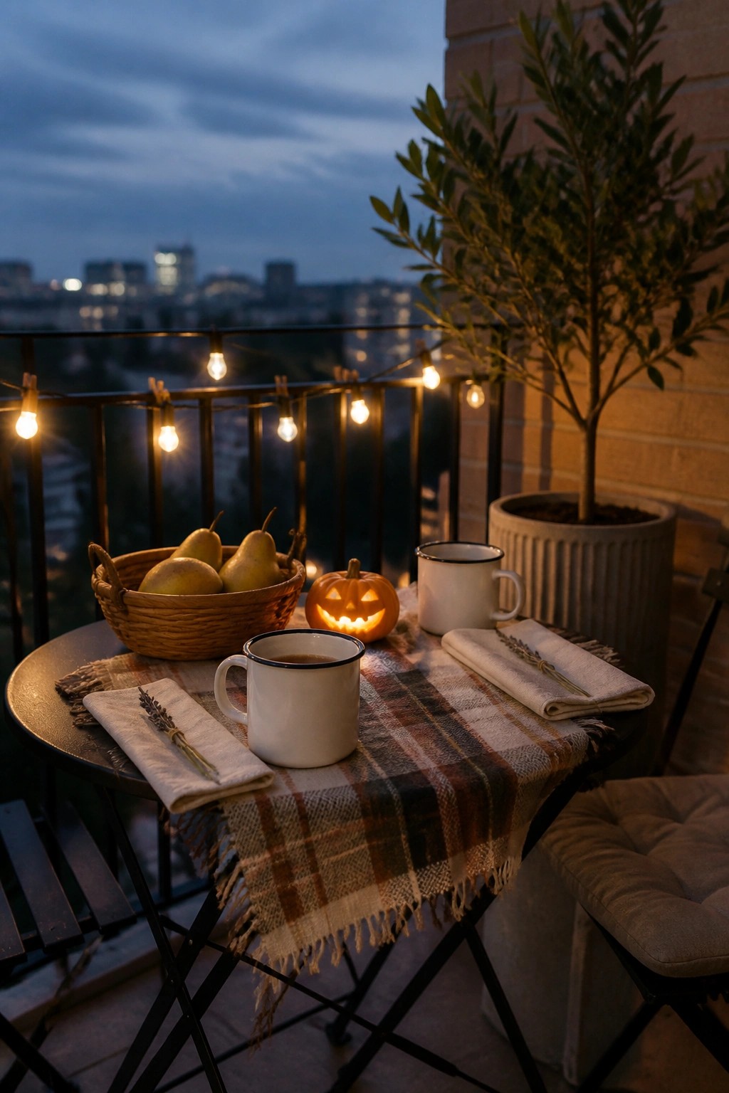 A round patio table covered with a plaid runner, two white enamel mugs, a basket of pears, and a small lit pumpkin, with string lights along the railing at dusk.