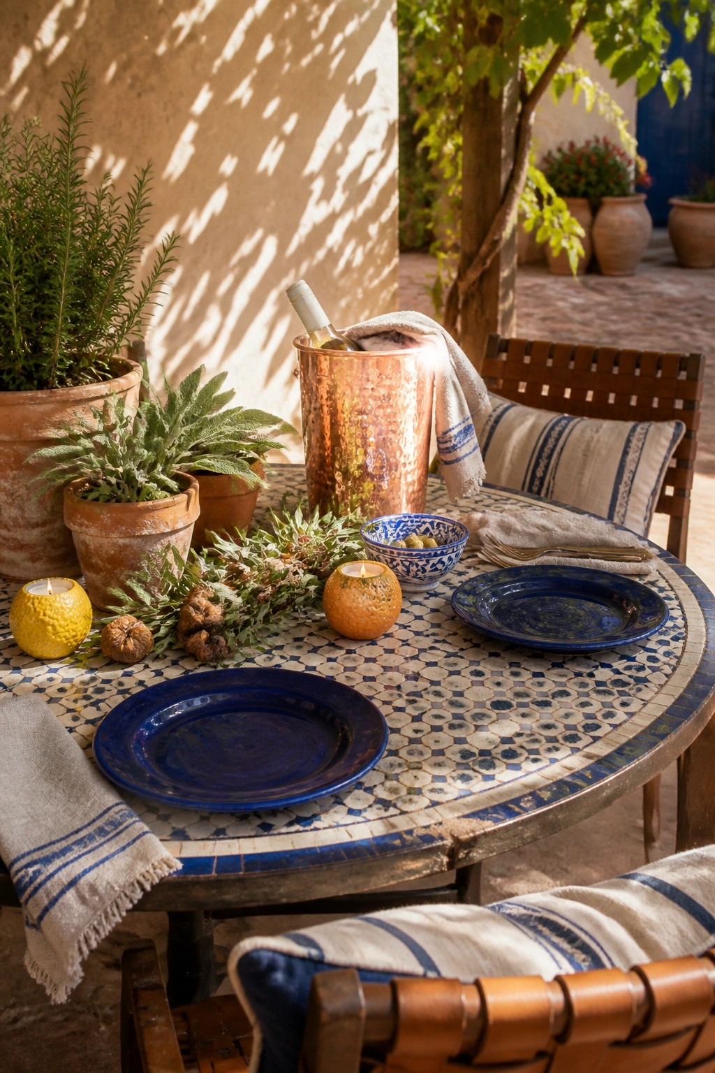 A round mosaic tile table on a patio set with blue ceramic plates, a copper wine bucket, potted rosemary and sage, and citrus fruits used as candle holders.