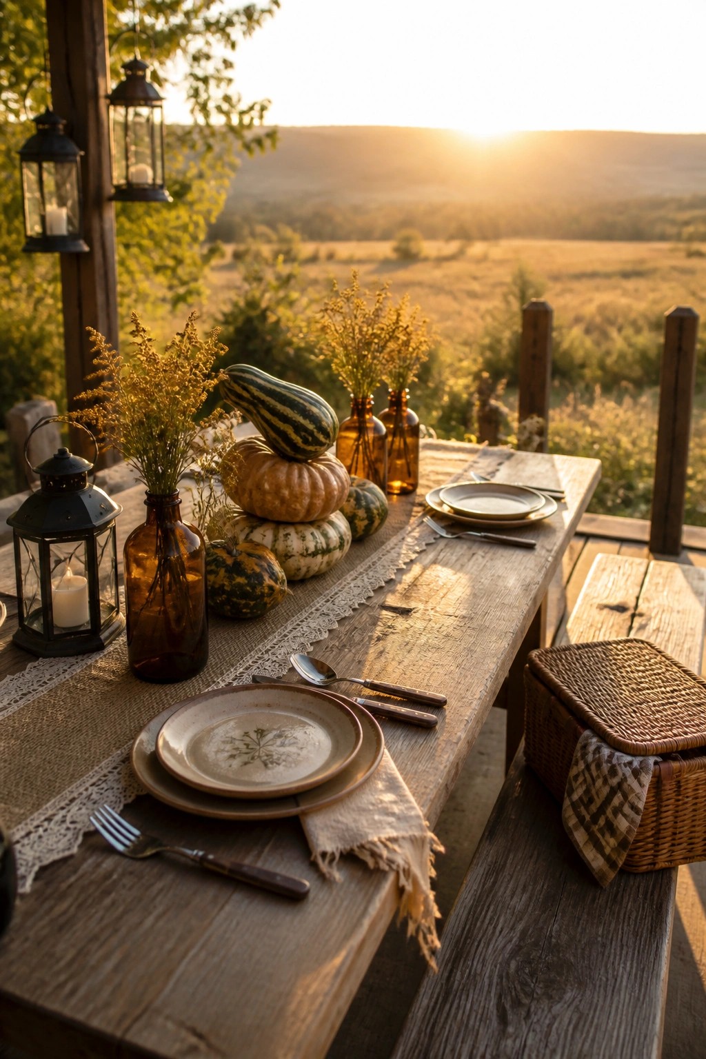 A wooden outdoor dining table on a porch features stacked pumpkins and gourds, dried yellow flowers in brown glass bottles, lit lanterns, and ceramic plates arranged on a burlap runner with a landscape view at sunset.