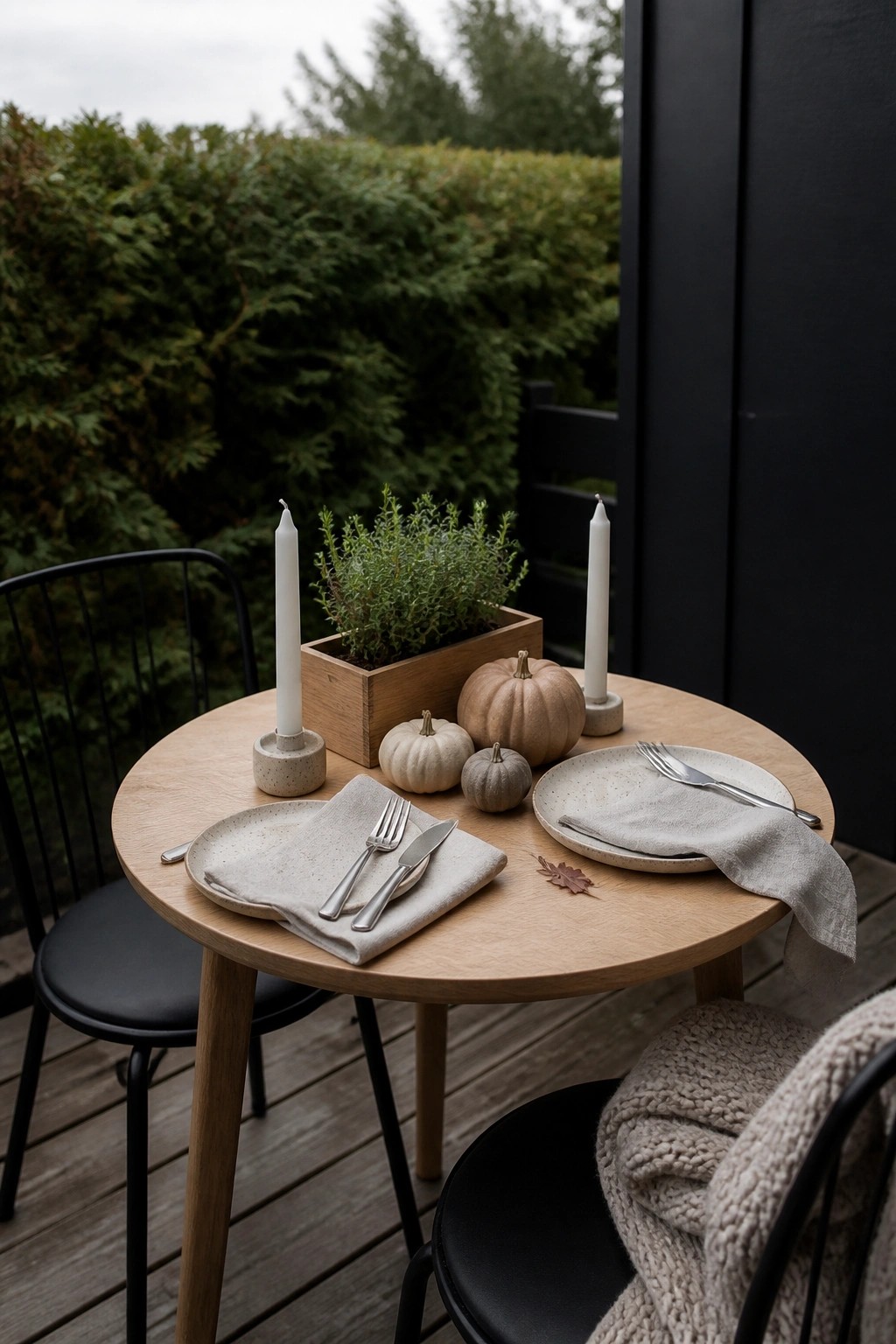 A round wooden outdoor table set with speckled plates, linen napkins, silverware, white candles, and small pumpkins, with black chairs and a wooden herb box on a deck.
