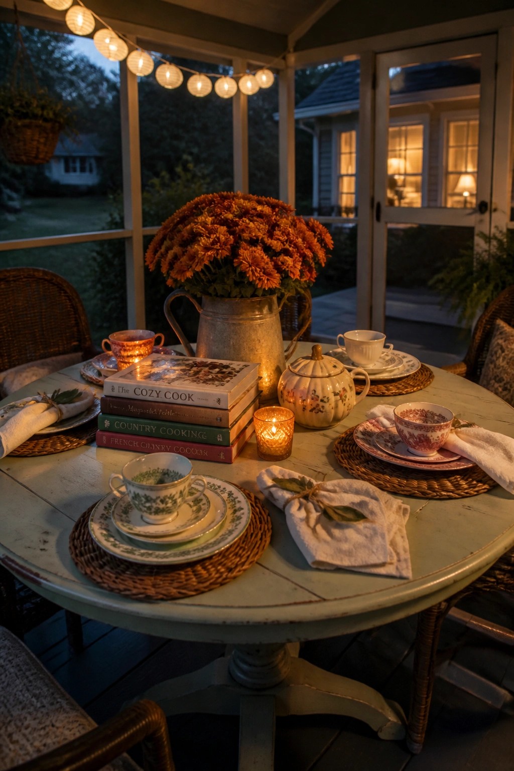 A round outdoor table on a porch holds a metal pitcher of orange flowers resting on stacked cookbooks, with place settings, lit candles, and string lights at dusk.