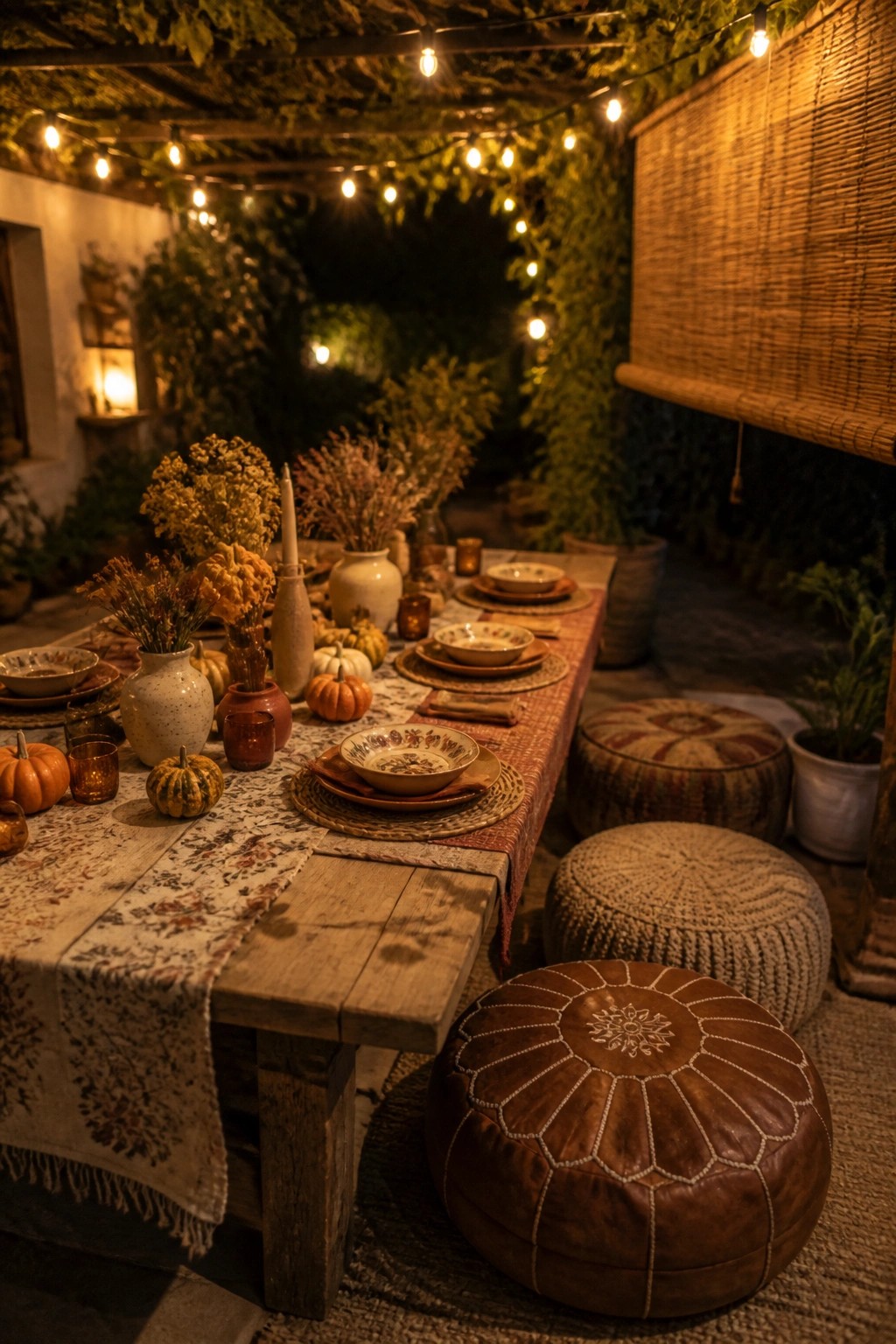 A long wooden table set for an outdoor meal with autumn decorations, dishes, and pumpkins, surrounded by woven and leather poufs under overhead string lights at night.