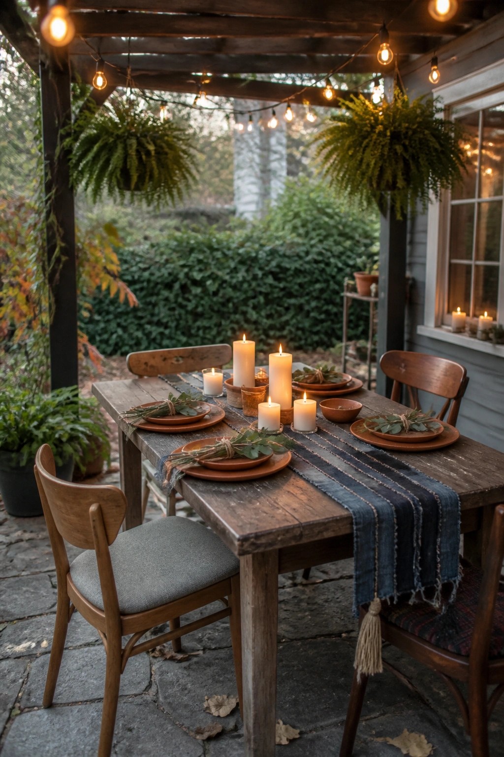 Outdoor wooden dining table set with terracotta dishes, lit candles, and greenery under string lights on a stone patio.