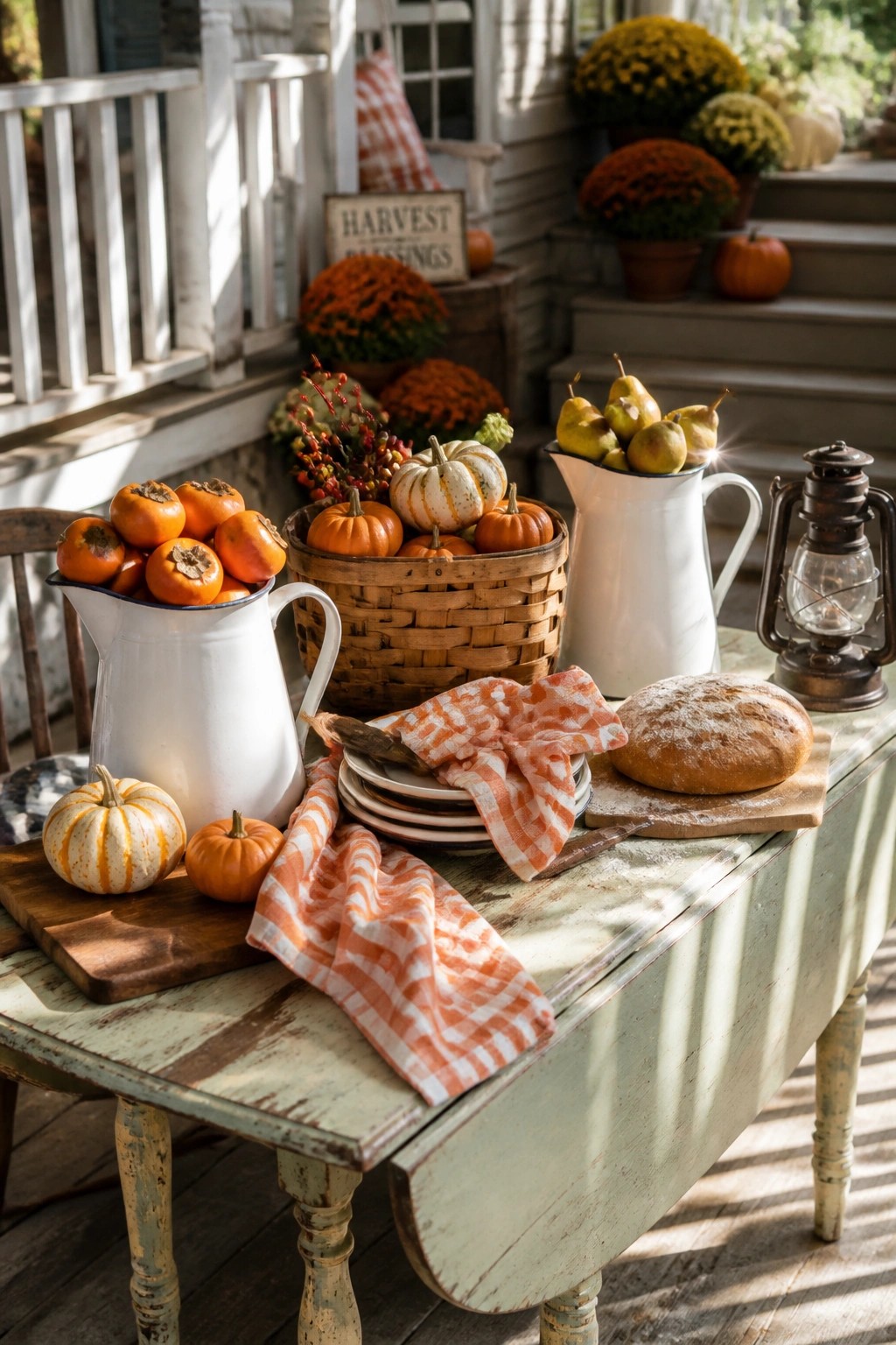 A weathered table on a house porch holds white enamel pitchers with persimmons and pears, small pumpkins, a round loaf of bread on a board, stacked plates, and an orange checkered cloth.