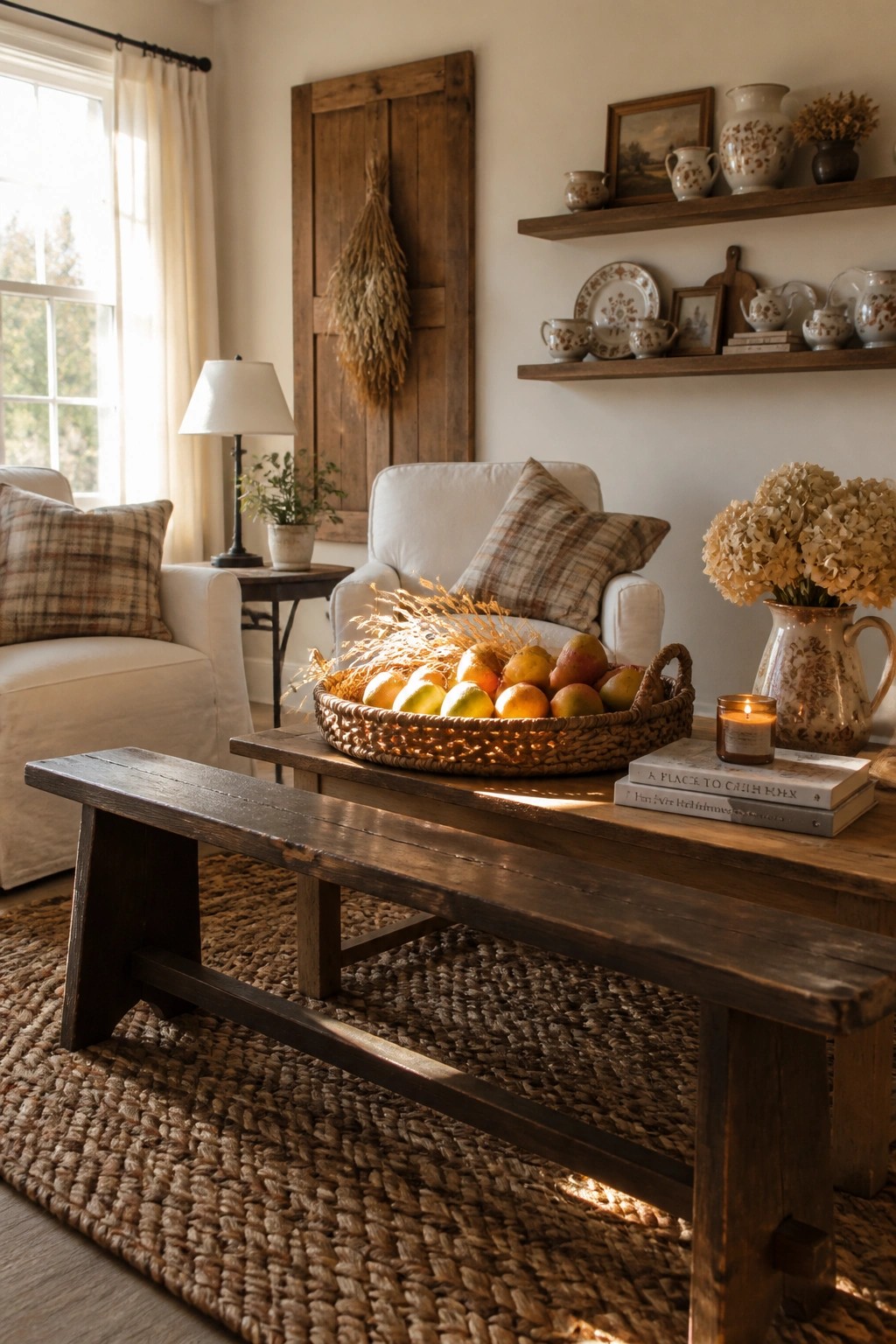 Rustic living room with wooden bench, woven rug, fruit basket, and plaid pillows