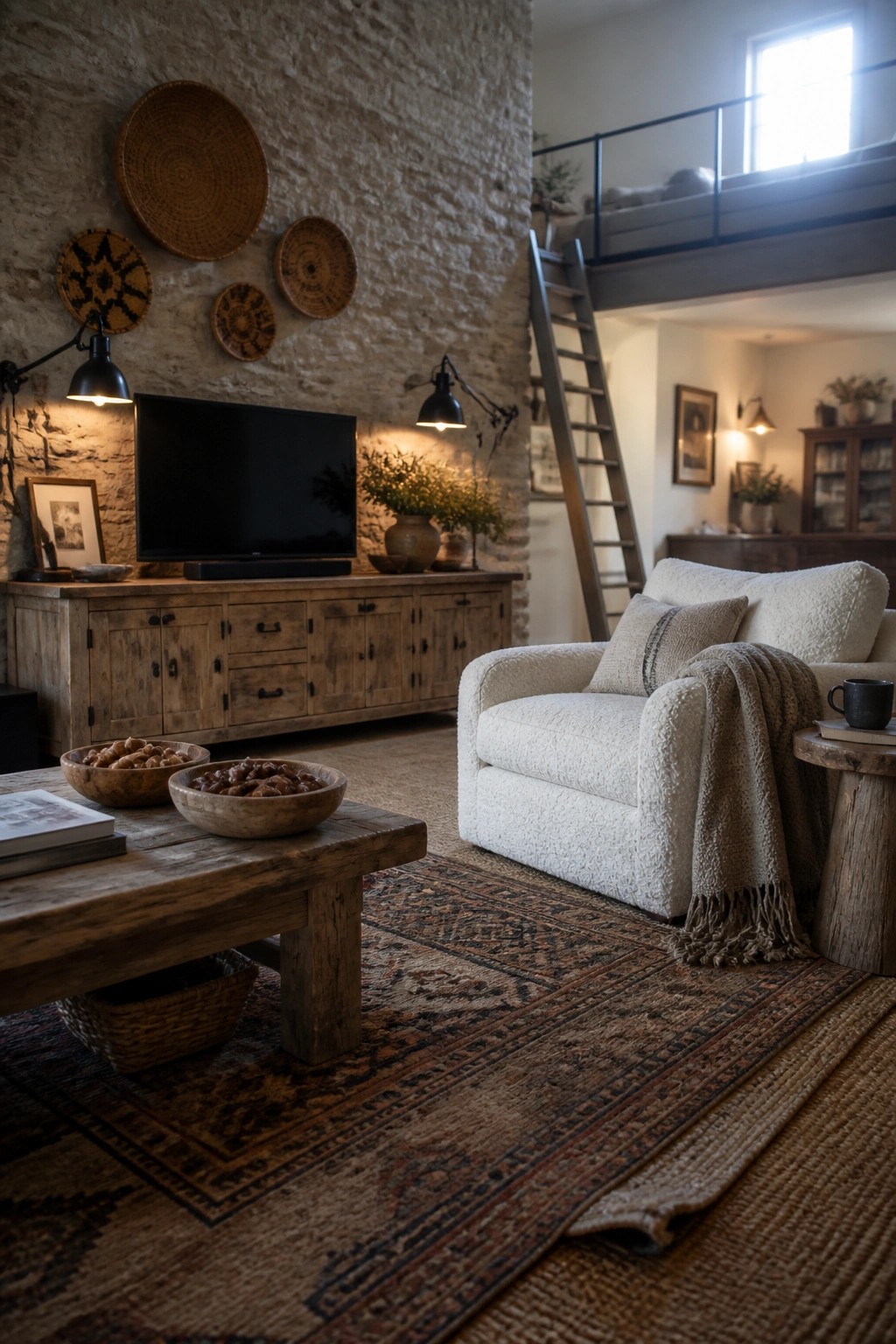 A living room with a large wooden coffee table in front of a white armchair, a stone wall with a mounted TV, and layered rugs on the floor.