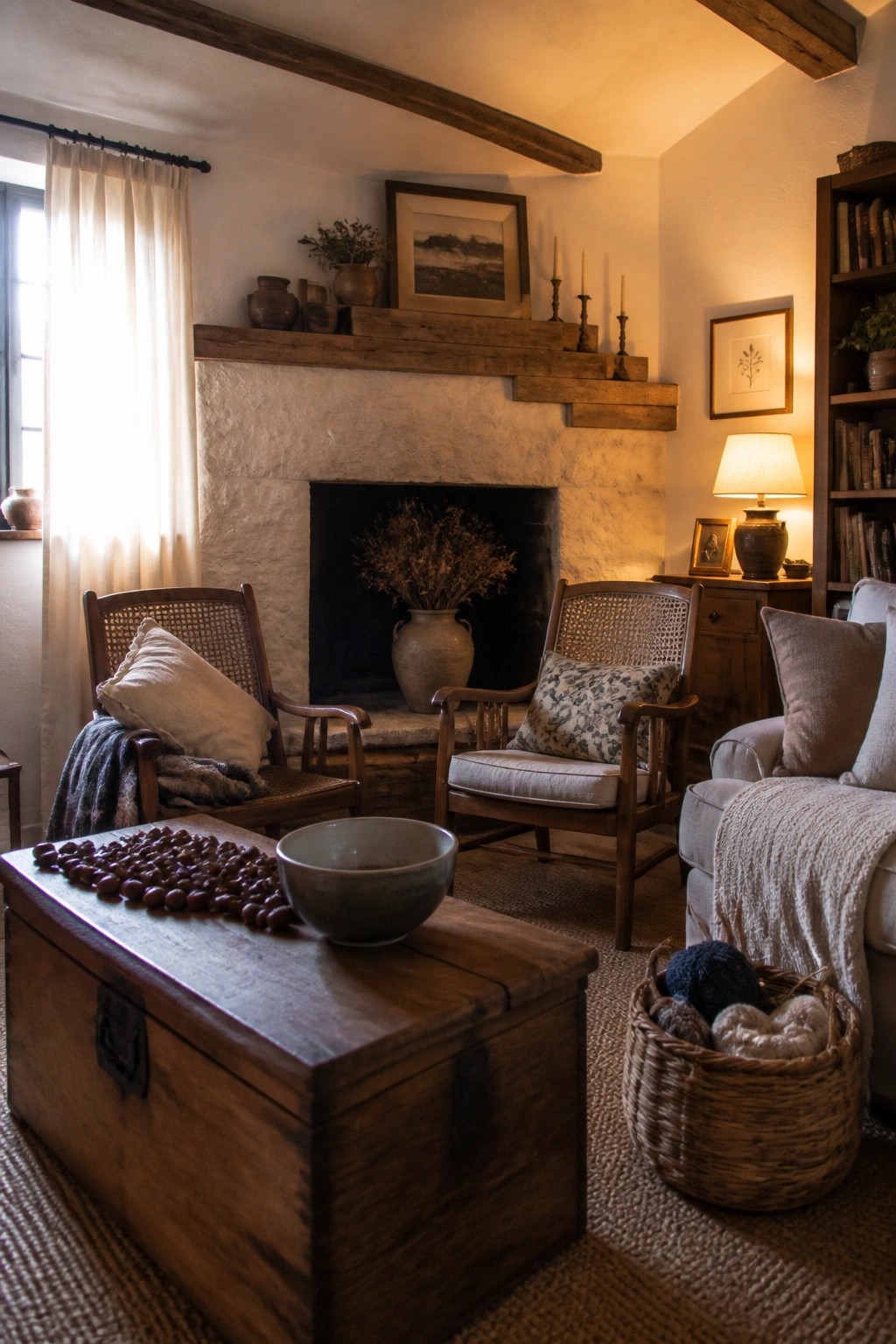 A living room featuring a large wooden chest used as a coffee table in front of a stone fireplace, with two wooden armchairs and a basket of yarn nearby.