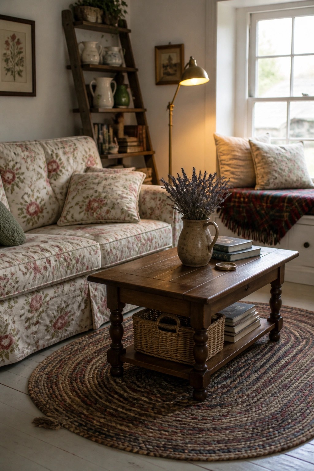 Cozy cottage living room with floral sofa, wooden coffee table, and braided rug