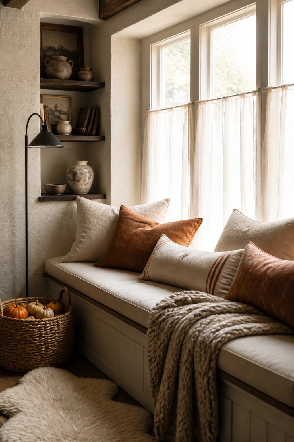 Cozy window seat with neutral and terracotta pillows, knit throw, and pumpkin basket
