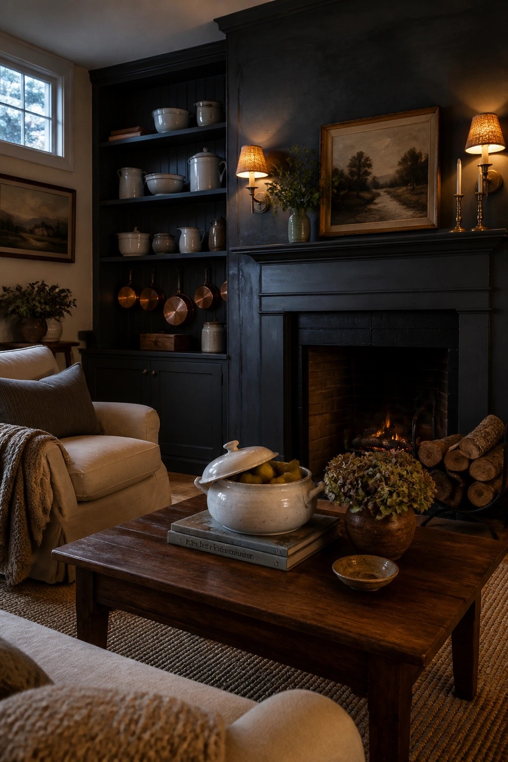 A living room with dark built-in shelves and cabinetry surrounding a brick fireplace, white pottery and copper pans on the shelves, a fire burning, and a wooden coffee table in front.