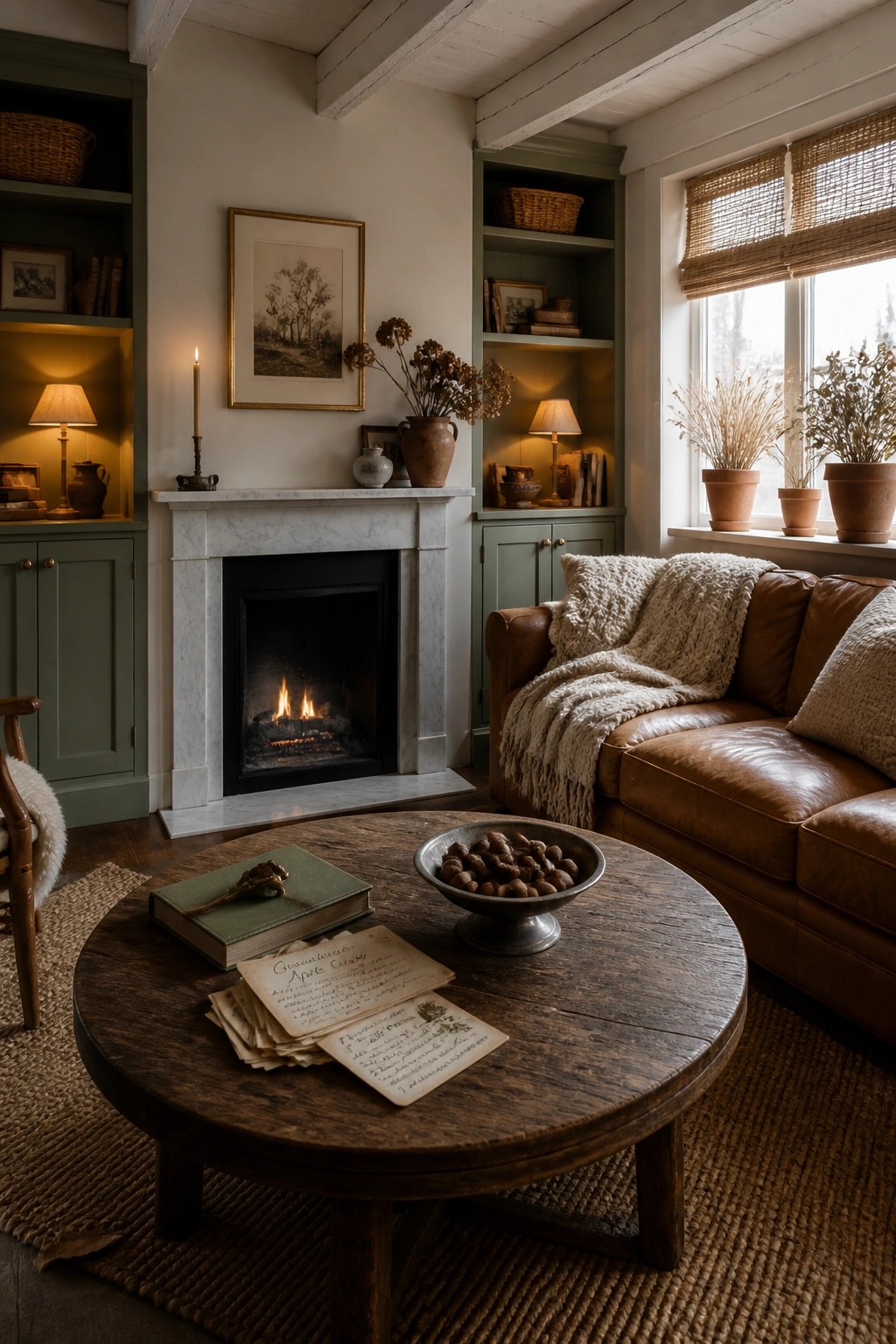 A farmhouse living room featuring a black fireplace with white marble surround, flanked by sage green built-in shelves, a brown leather sofa with a cream throw, and a round wooden coffee table holding books and a metal bowl.
