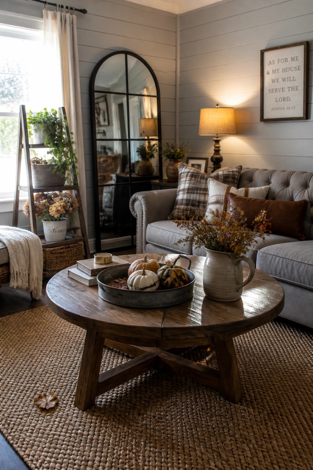 Cozy farmhouse living room with wooden coffee table, pumpkins, gray sofa, arched mirror.