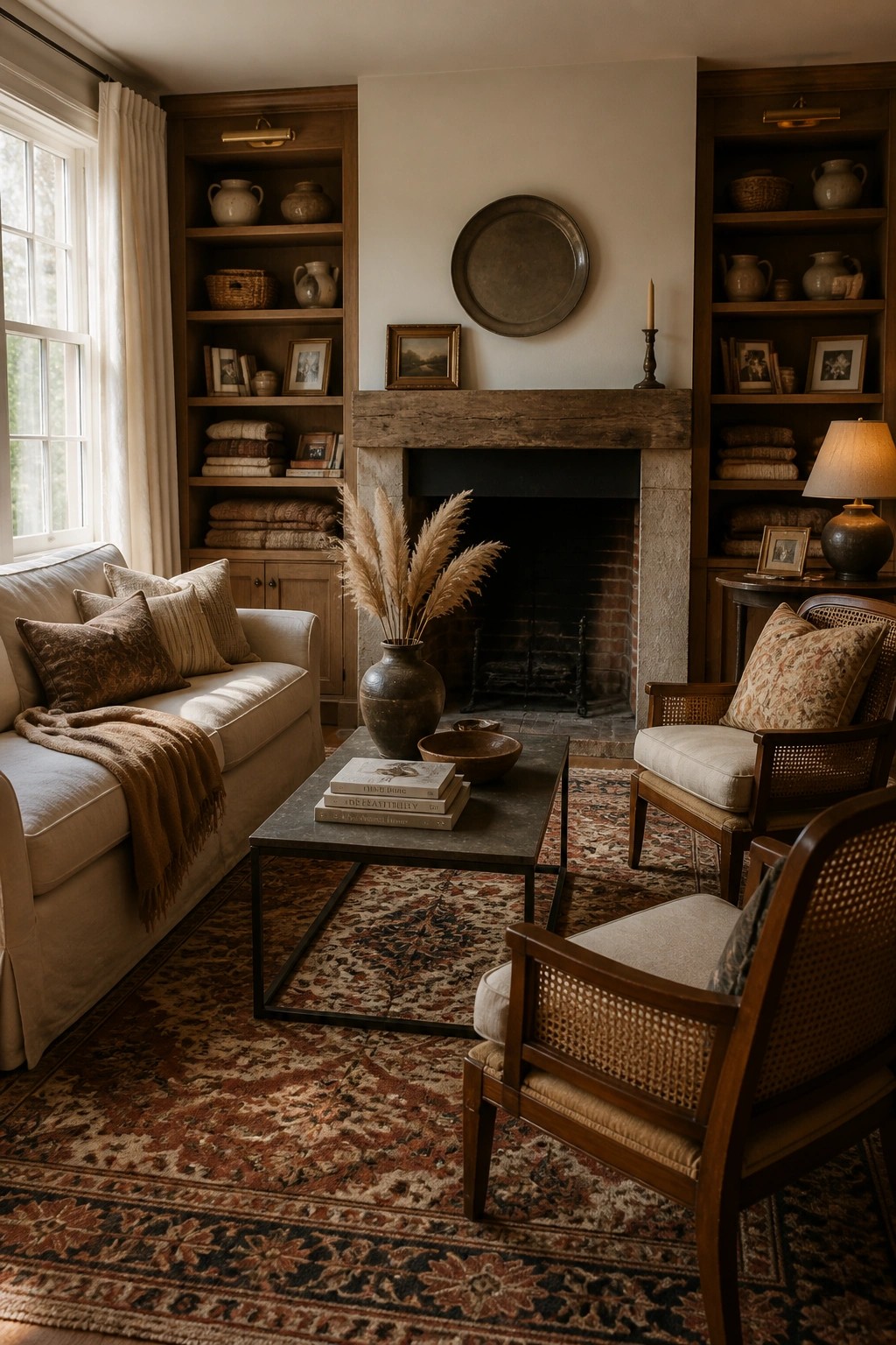 A living room featuring a large patterned rug under a white sofa, two wooden armchairs, a dark coffee table, and a stone fireplace flanked by wooden built-in shelves.