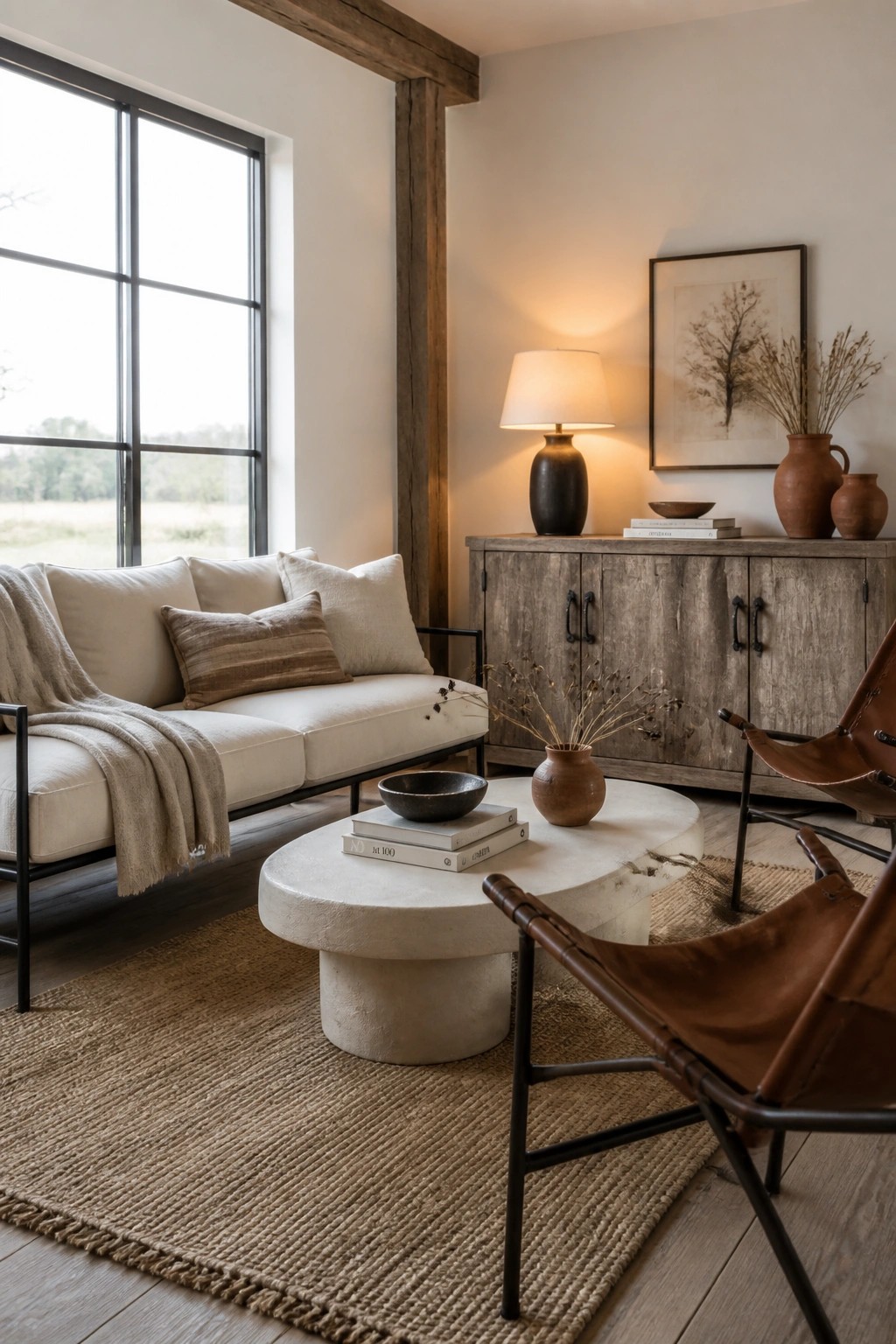 Rustic living room with beige sofa, brown leather chairs, round stone table on jute rug.