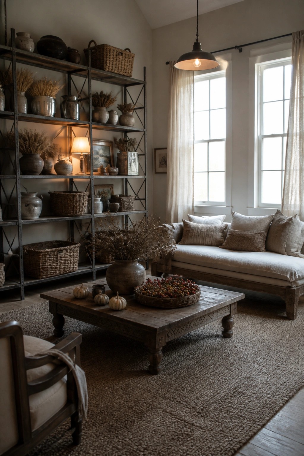 A living room interior featuring tall metal open shelving units filled with pottery, woven baskets, and dried botanicals, with a wooden coffee table and sofa in the foreground.