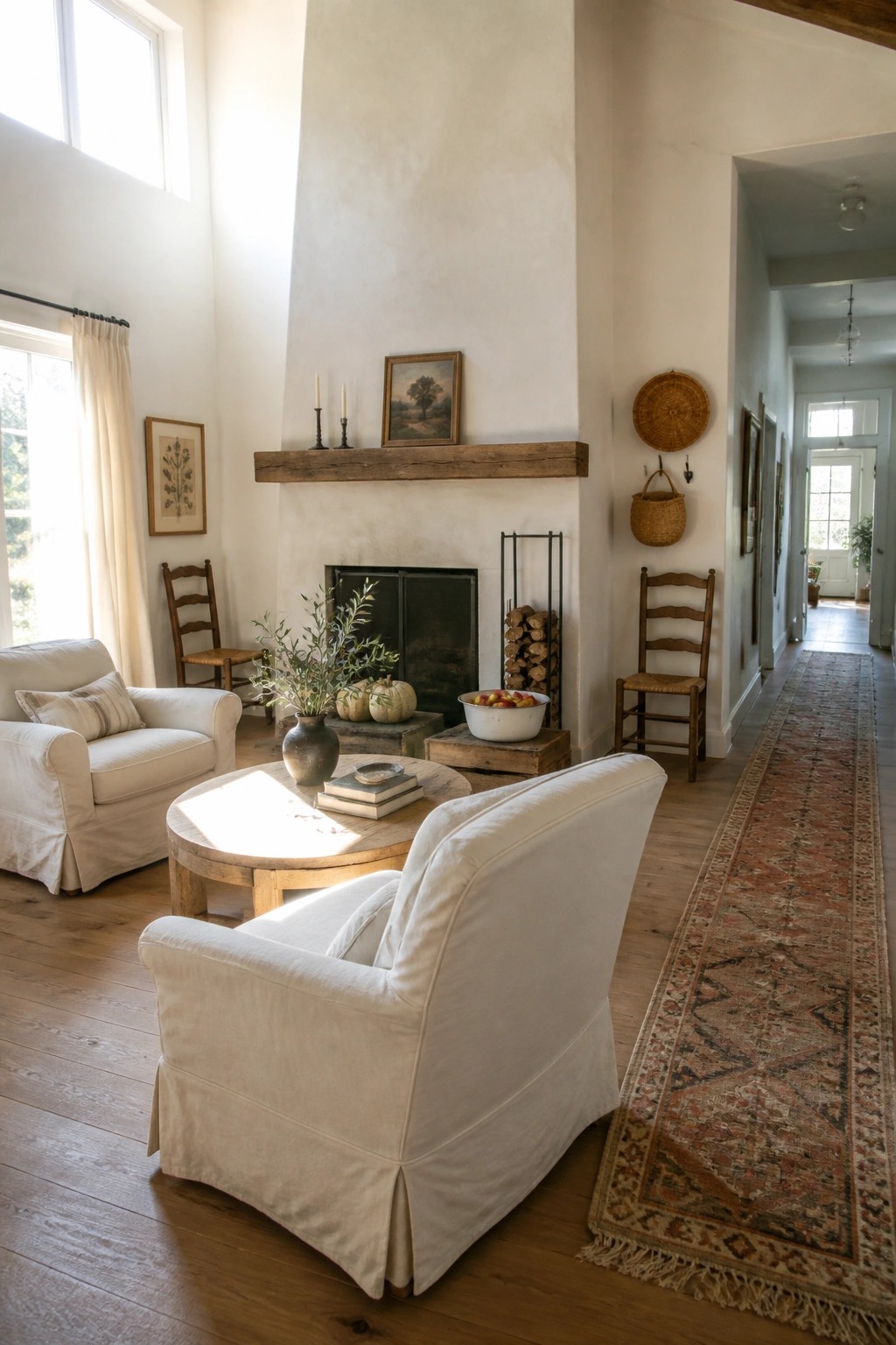 A farmhouse living room featuring white slipcovered armchairs, a wooden mantel over a fireplace, pumpkins on the hearth, and a long patterned runner on hardwood floors.