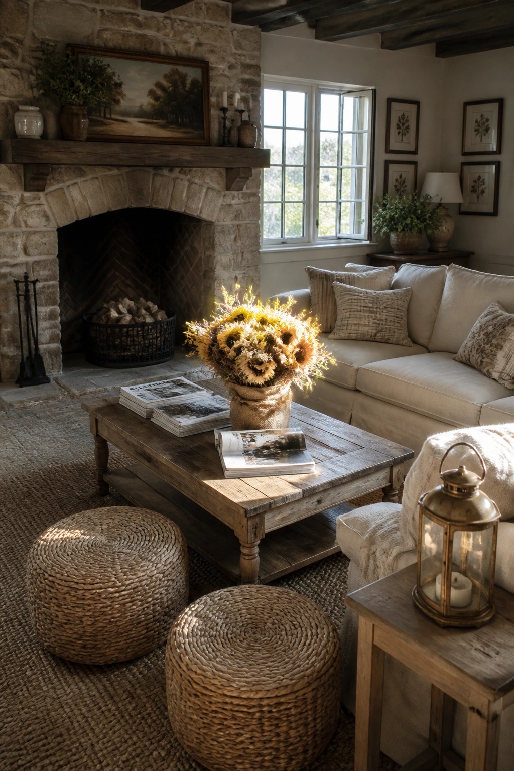 A cozy farmhouse living room with a large stone fireplace, beige sofa, rustic wooden coffee table holding a burlap-wrapped sunflower bouquet and magazines, plus two woven ottomans on a jute rug.
