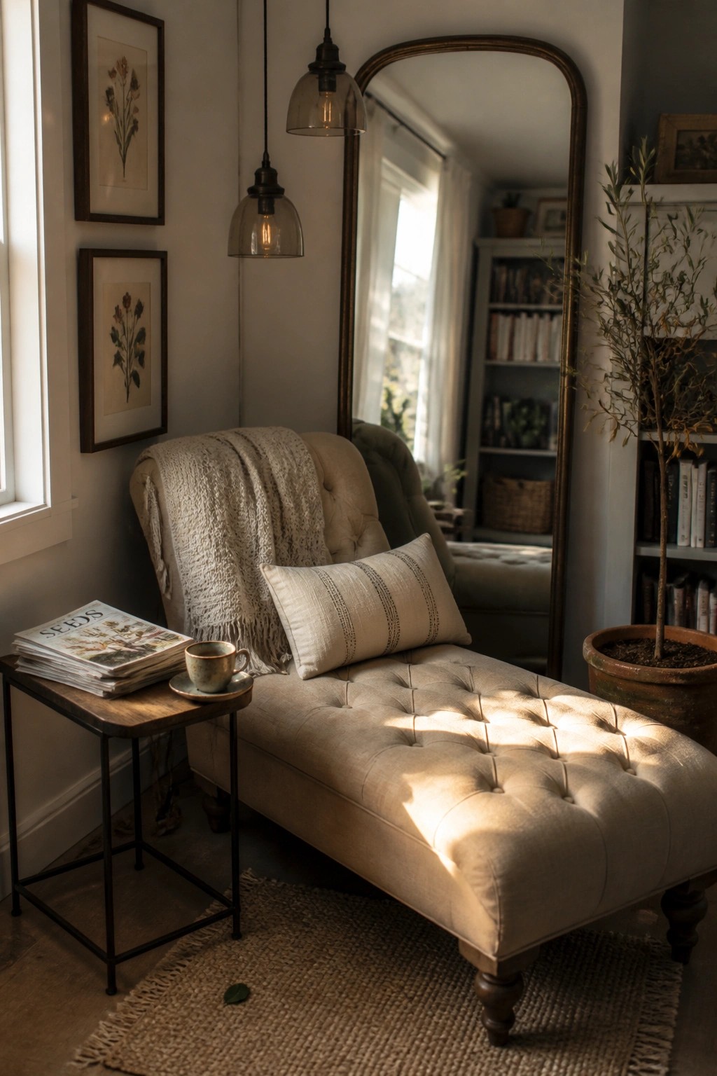A tufted beige chaise lounge with a striped pillow and knitted throw sits in a corner beside a wooden side table holding stacked books and a cup, with a tall arched mirror and two pendant lights visible in the background.