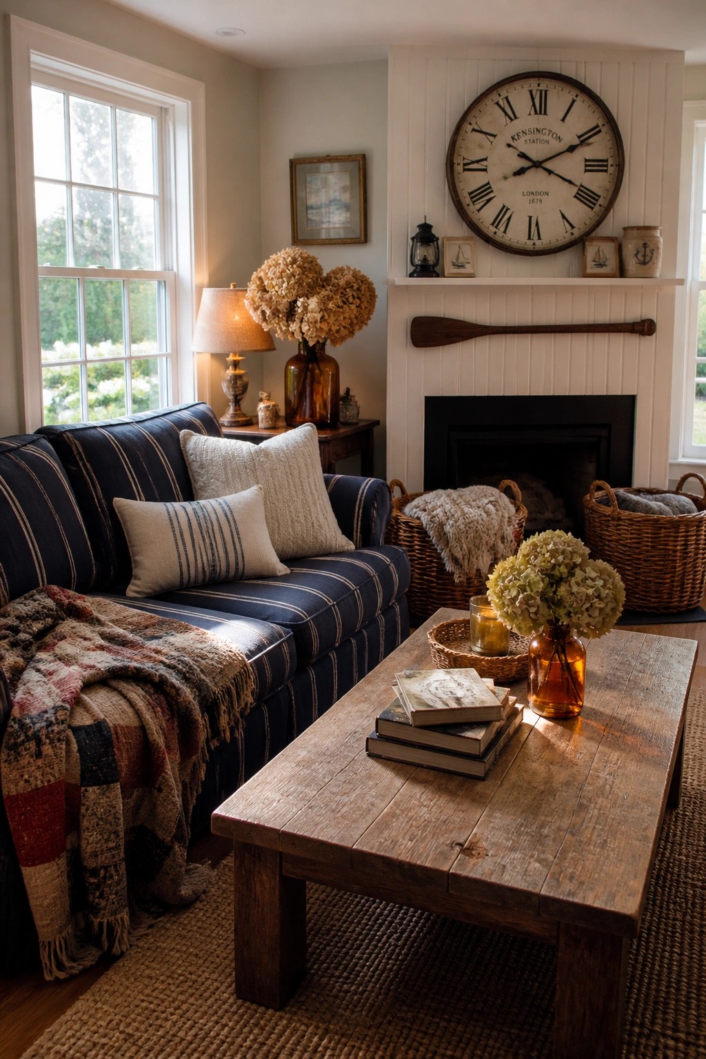 A living room with a blue striped sofa, wooden coffee table, fireplace, and large round clock mounted above the mantel.