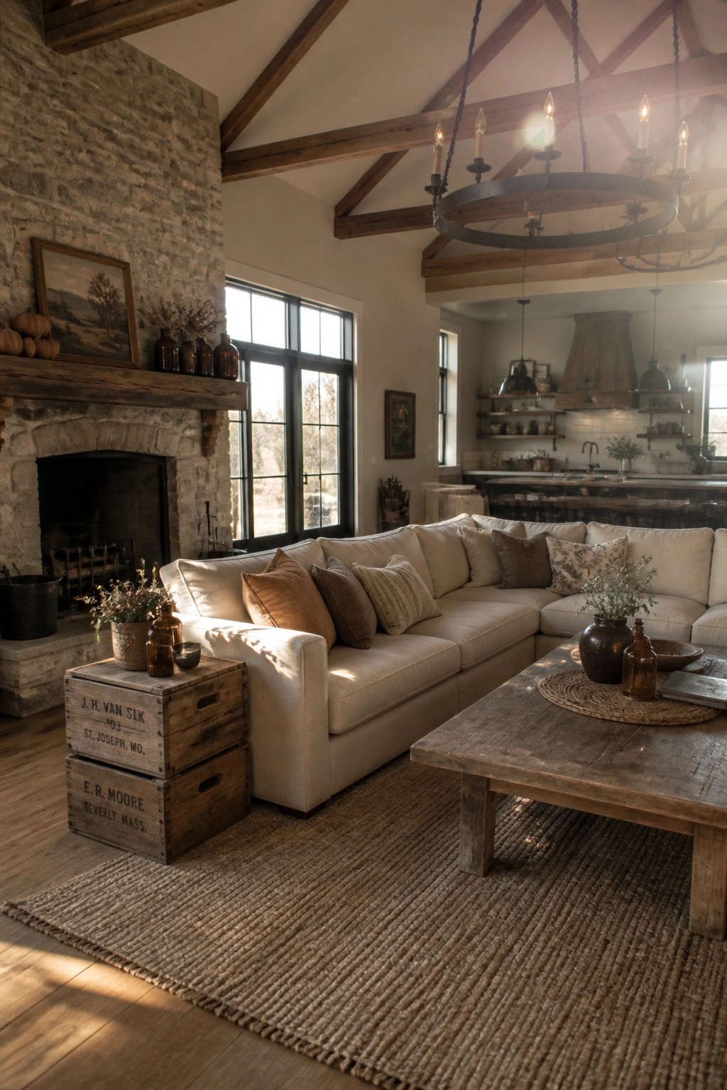 A farmhouse living room with a large sectional sofa, wooden coffee table on a jute rug, and stacked vintage wooden crates used as side tables next to a stone fireplace.