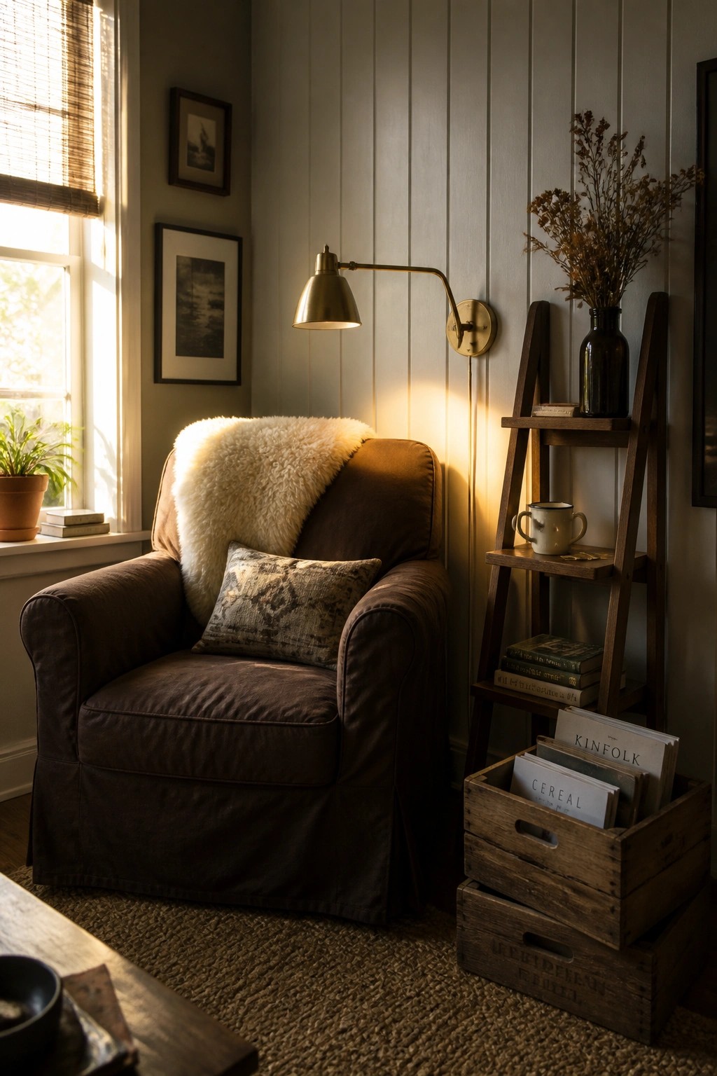 A brown armchair with a sheepskin throw sits beside a wooden ladder shelf holding books and a mug, with stacked wooden crates on the floor below.