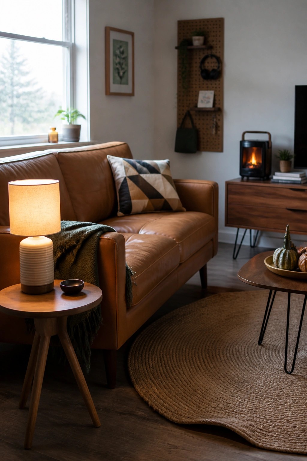 A living room corner showing a brown leather sofa next to a round wooden side table with a lit table lamp and a draped green throw.