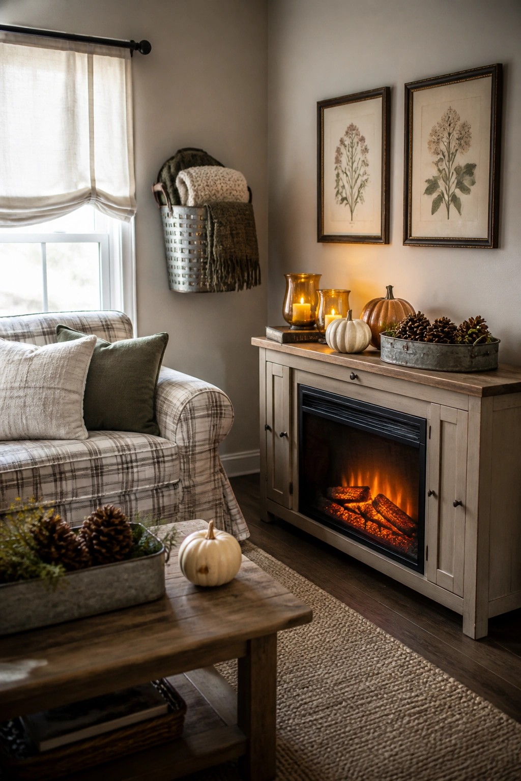 A compact living room with a plaid sofa, wooden coffee table holding fall items, and a light wood console cabinet featuring an electric fireplace and autumn decorations on top.