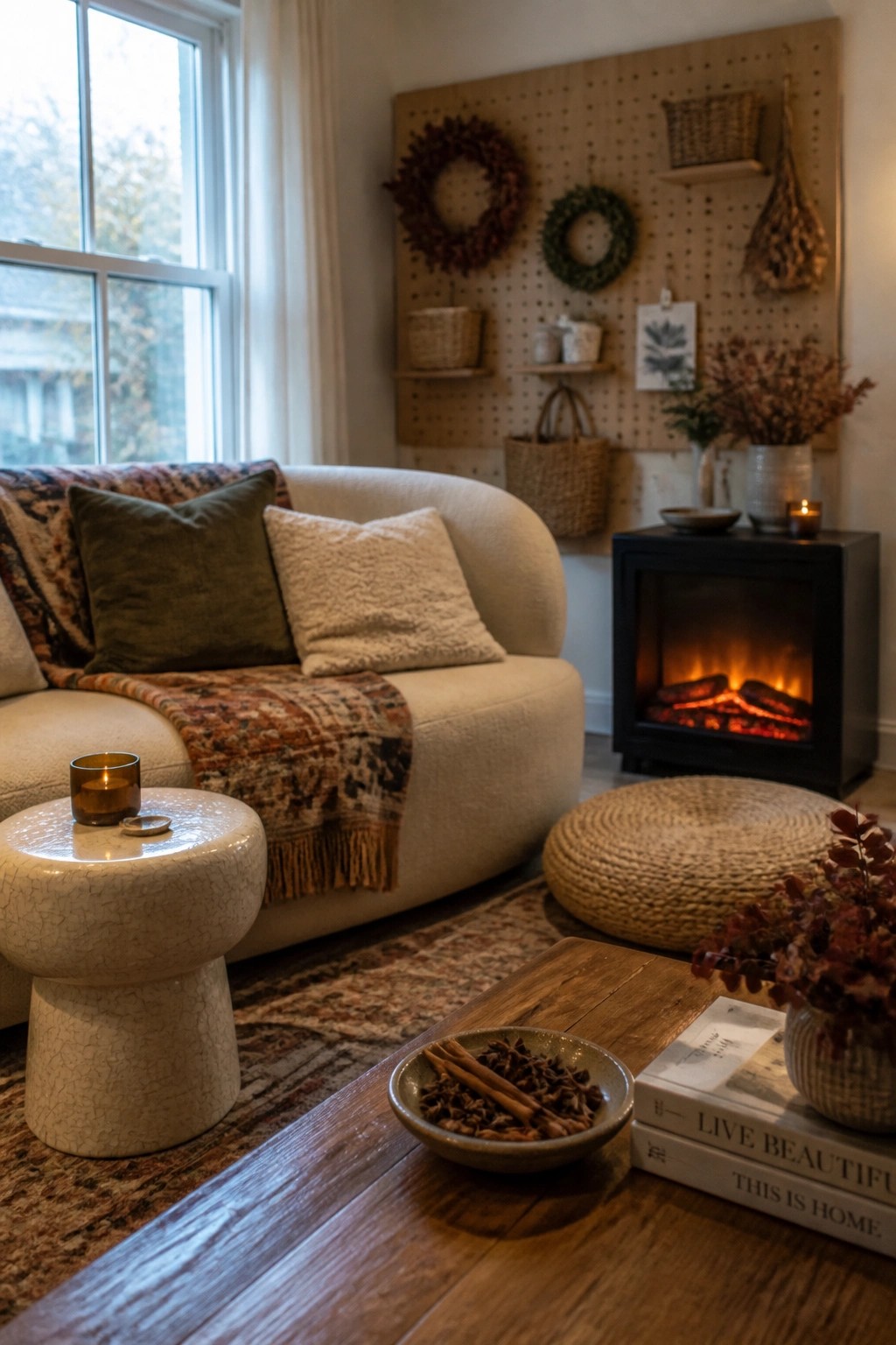 A compact living room features a white curved sofa with pillows and a patterned throw, an electric fireplace glowing on a black cabinet, and a pegboard wall decorated with wreaths and baskets.