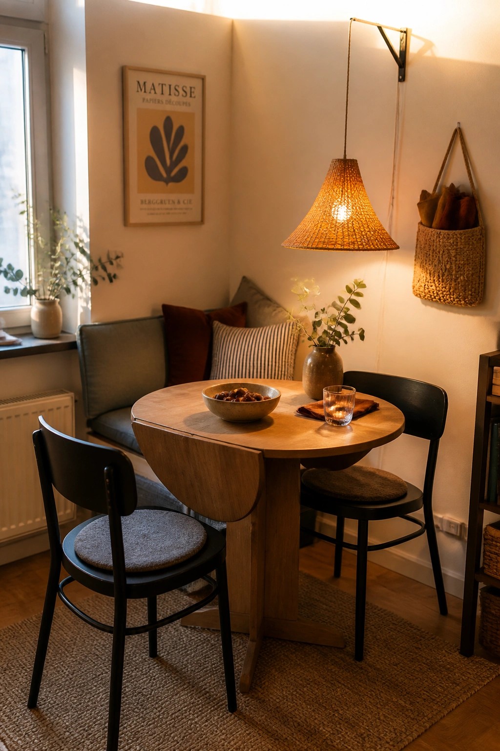 A round wooden drop-leaf table sits in a compact corner with two black chairs, a cushioned bench, and a hanging woven lamp above it.