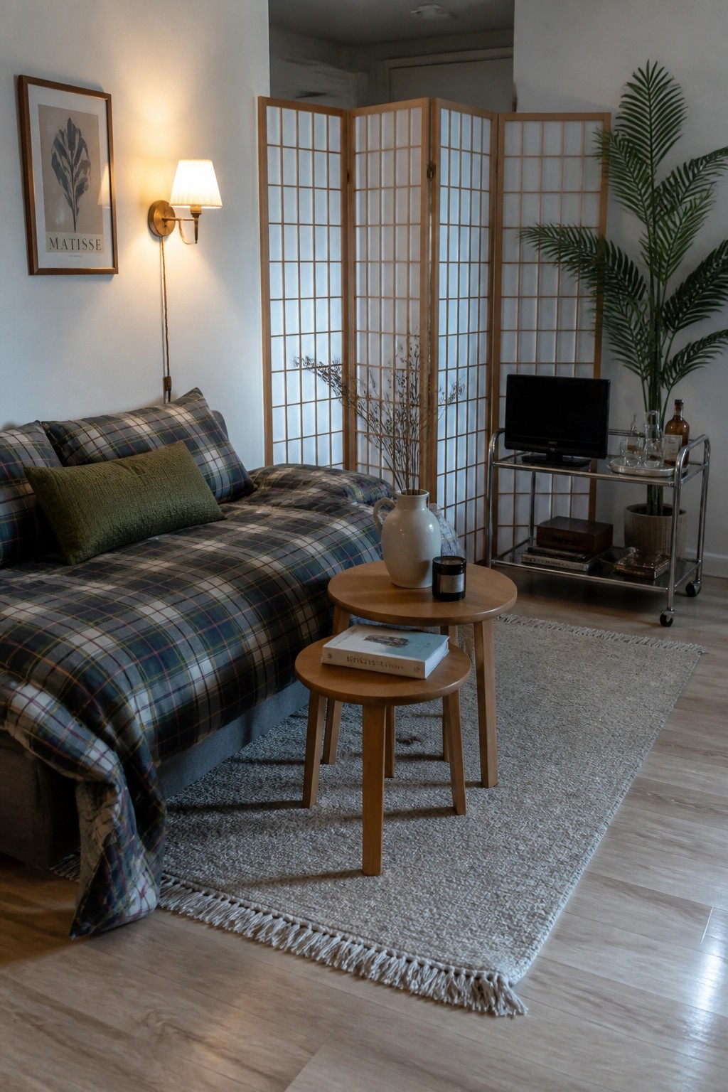 A compact living area with a plaid daybed, nested wooden tables on a rug, and a tall wooden folding screen behind them.