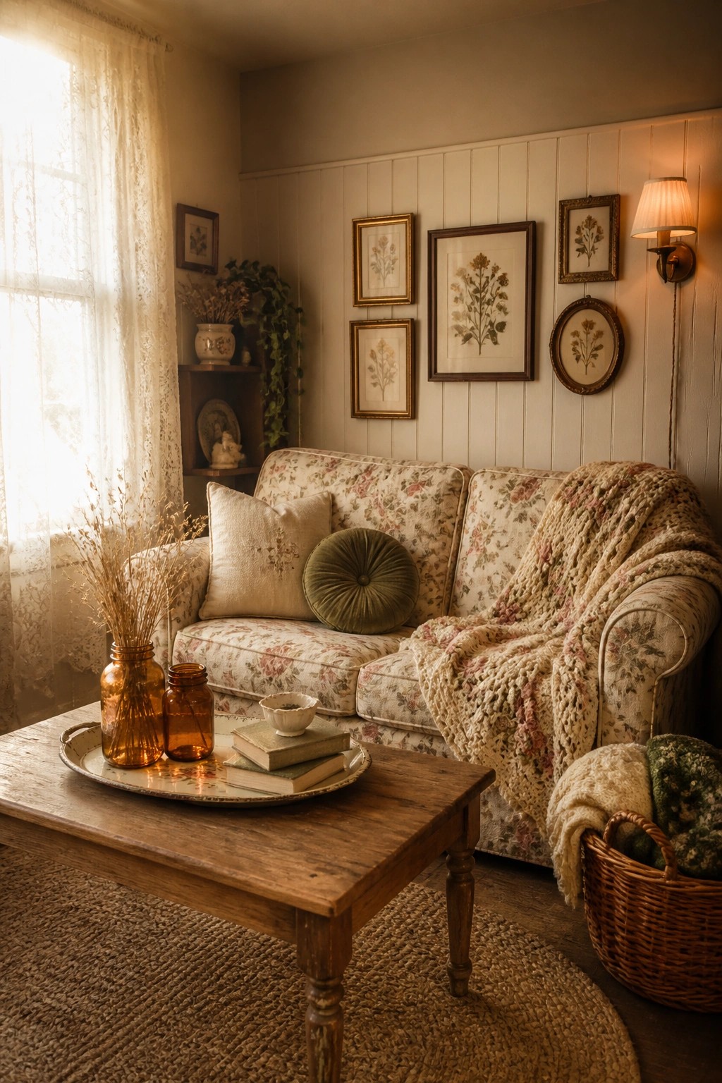 Cozy floral sofa with knitted throw, wooden coffee table, and botanical wall art.