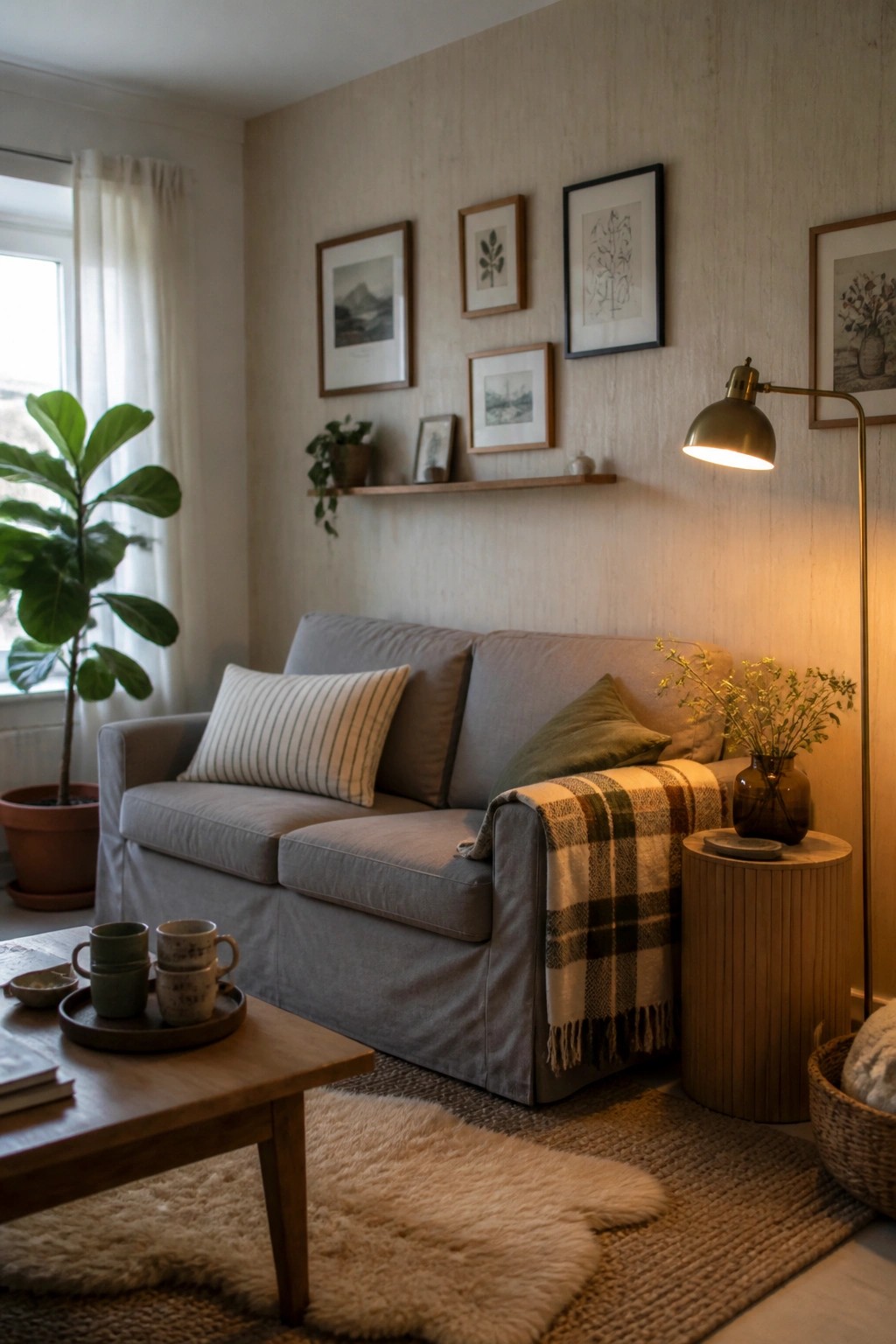Cozy living room with gray sofa, plaid throw, wooden furniture, and wall art.