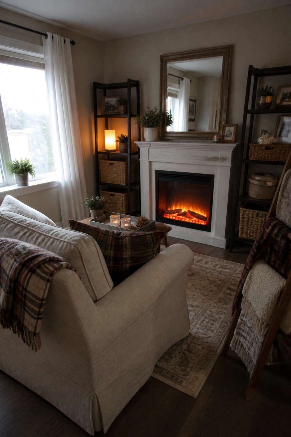 A small living room with a beige slipcovered armchair layered with plaid throws, positioned near a white fireplace mantel with glowing logs and flanked by black shelving units holding baskets and plants.