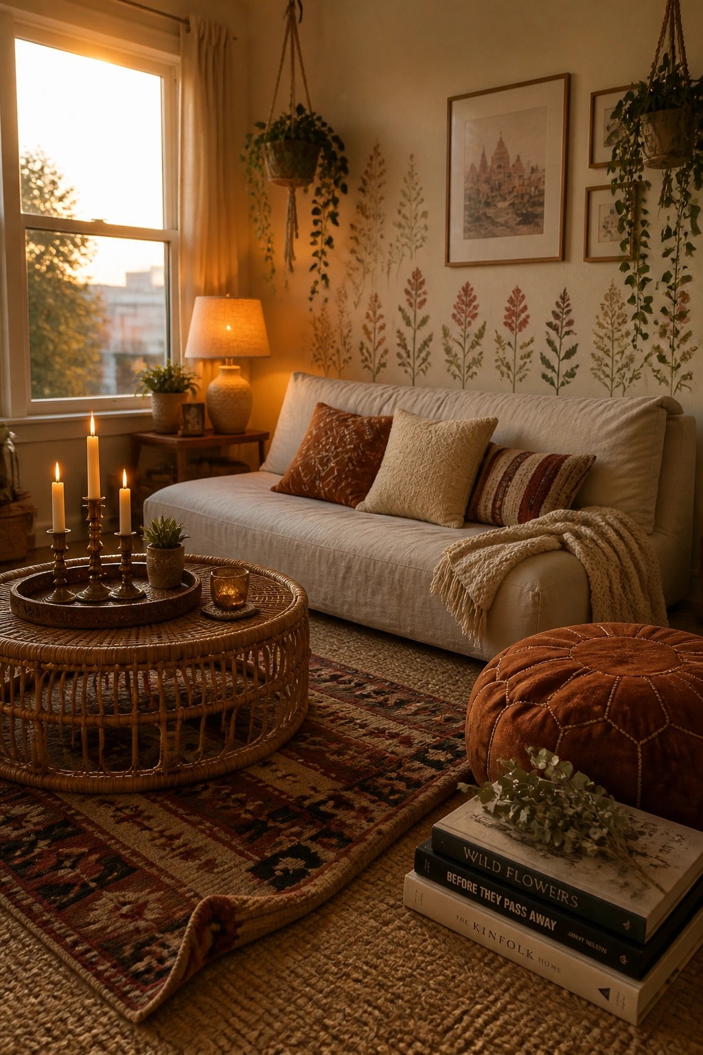 A compact living room with a beige sofa, round wicker coffee table, patterned rug, layered pillows and throw, candles, and leaf-patterned wall accents.