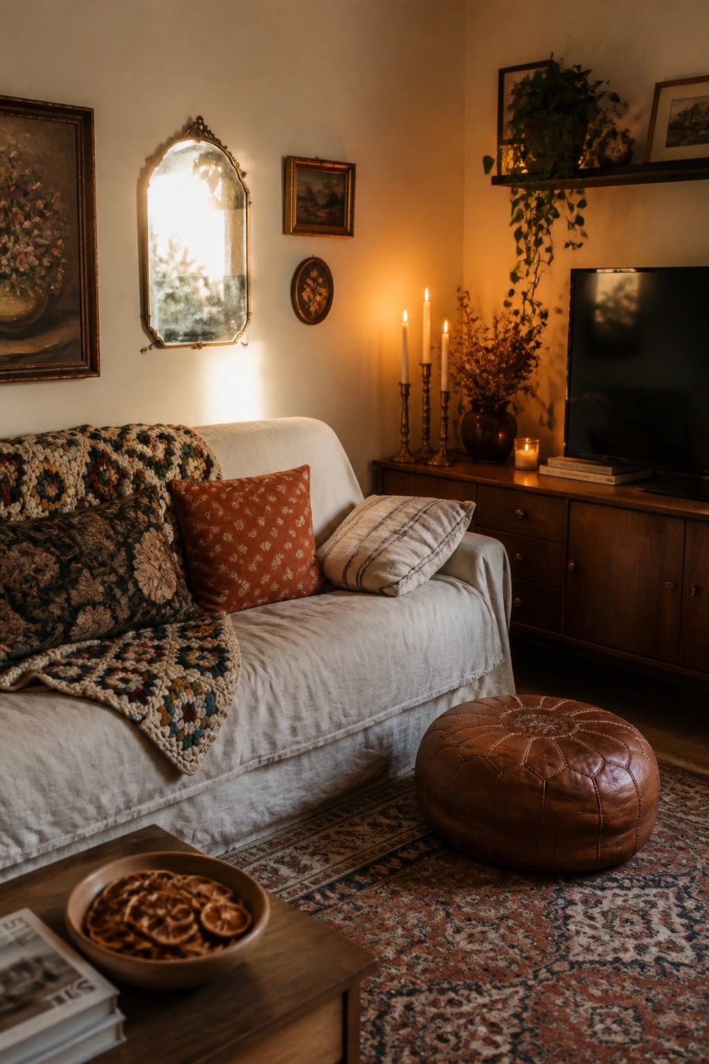 A compact living room showing a white sofa with layered pillows and a crocheted throw, a brown leather pouf on a patterned rug, and candles on a wooden console.