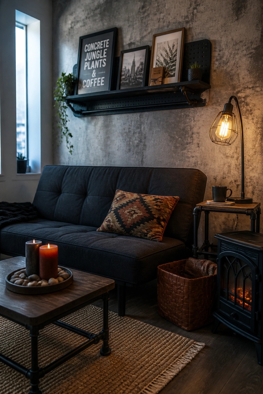 A compact living room with a dark sofa, wooden coffee table holding lit candles, a floor lamp, wall shelf with framed art, and a small woven basket on a jute rug.
