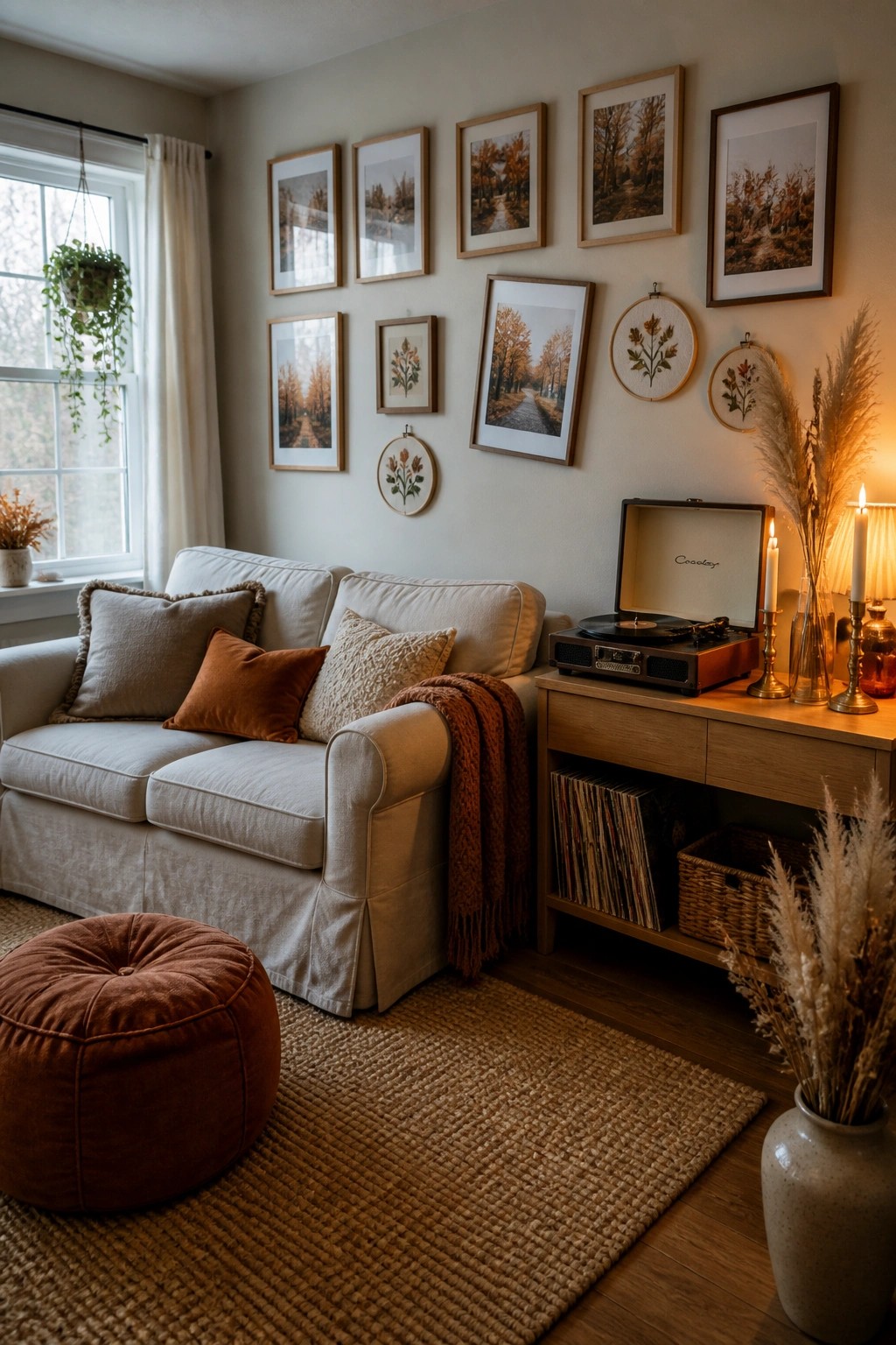 Cozy living room with cream sofa, record player console, and autumn gallery wall.