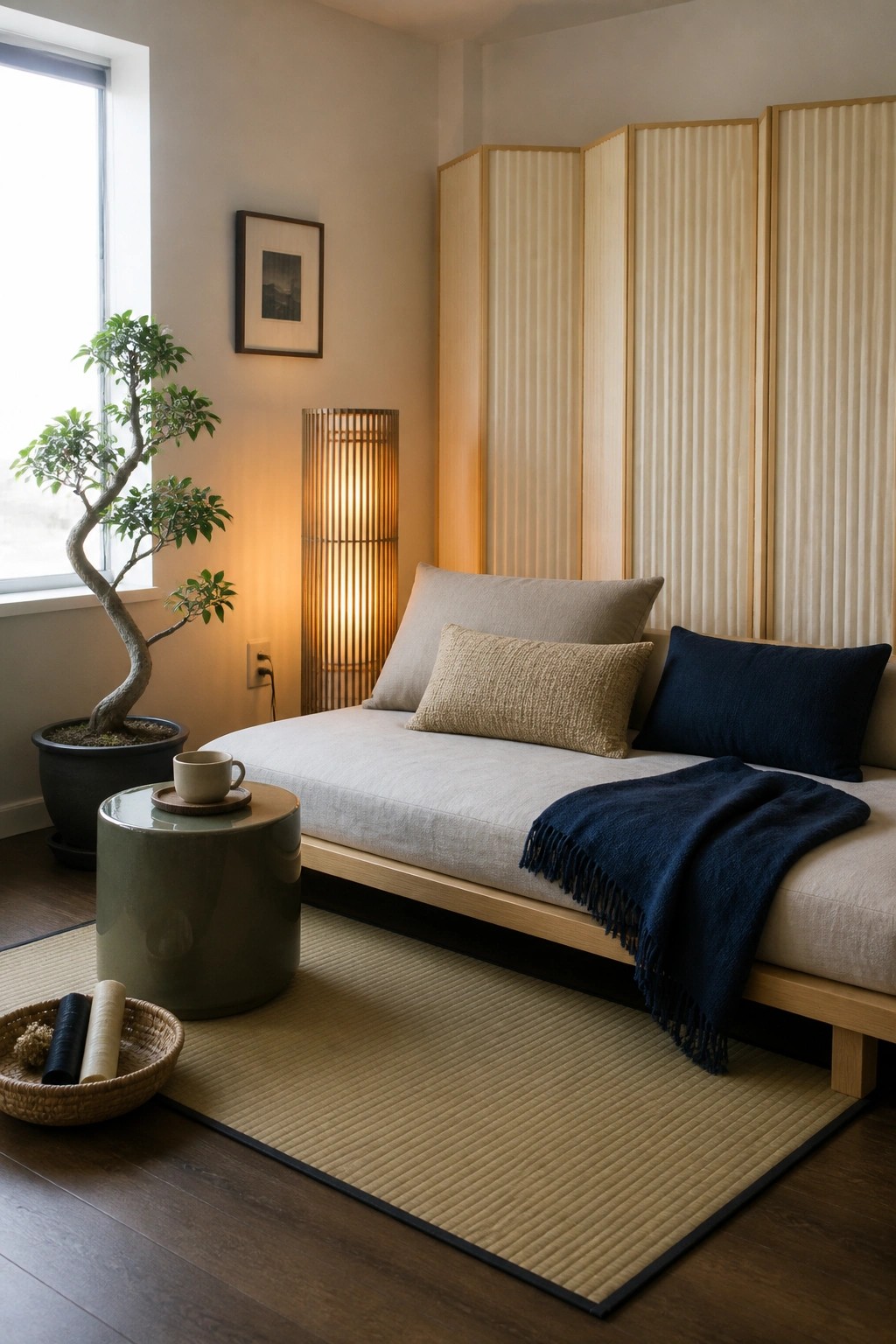 A compact living room featuring a low wooden daybed on a tatami mat, neutral cushions, a blue throw, a bonsai tree, and a folding paper screen.