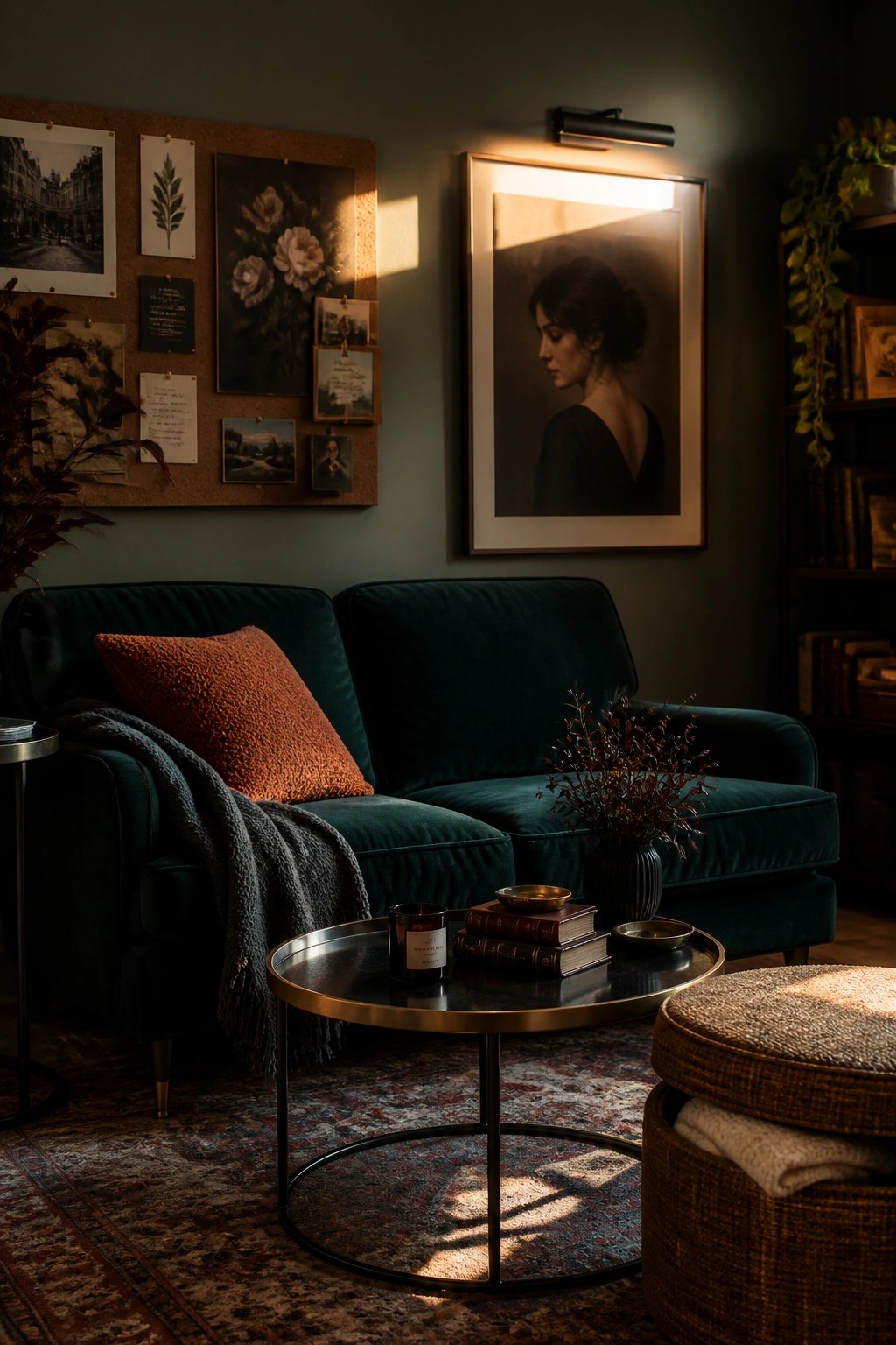 Dark green velvet sofa with orange pillow beside round coffee table and portrait