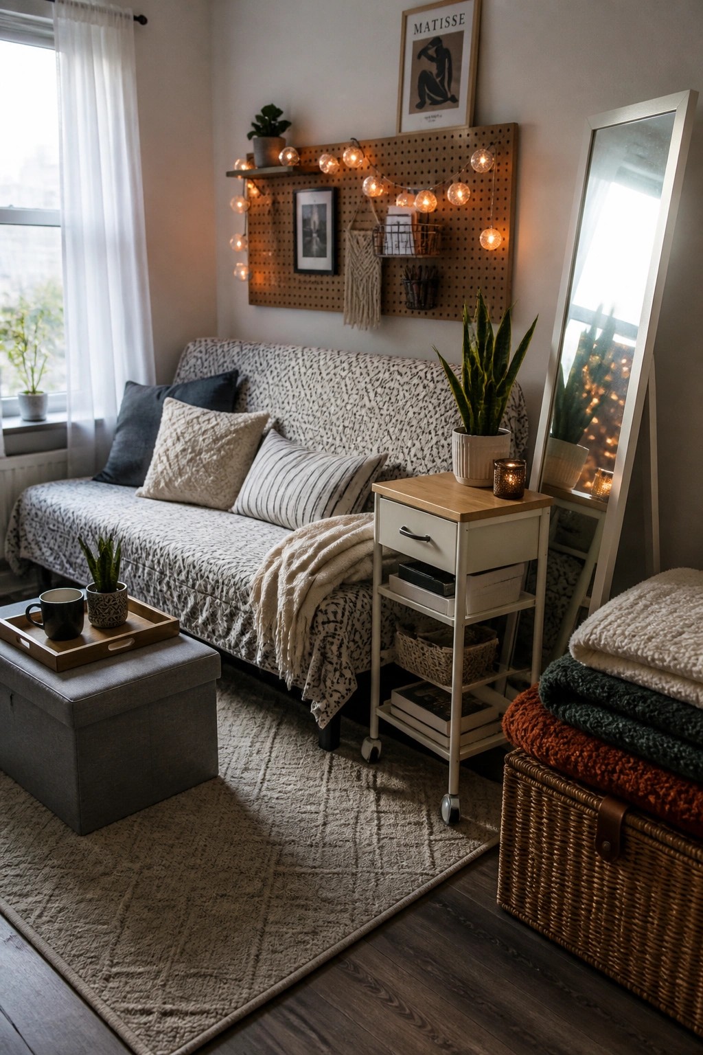 Cozy nook with patterned sofa, pegboard lights, mirror, plants, and woven rug.