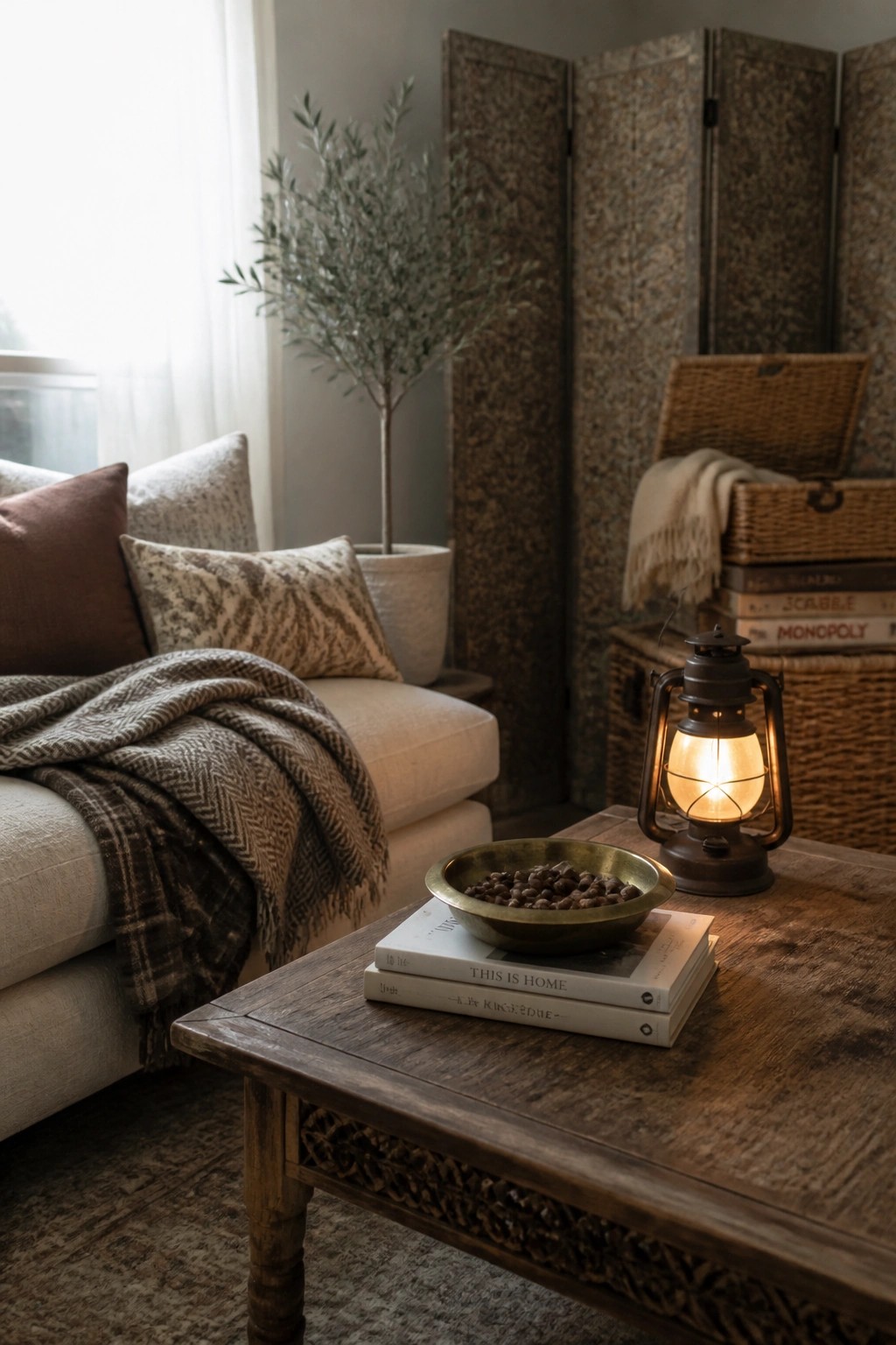 A lit lantern rests on stacked books atop a wooden coffee table in a living room with a sofa, pillows, and a potted tree in the background.
