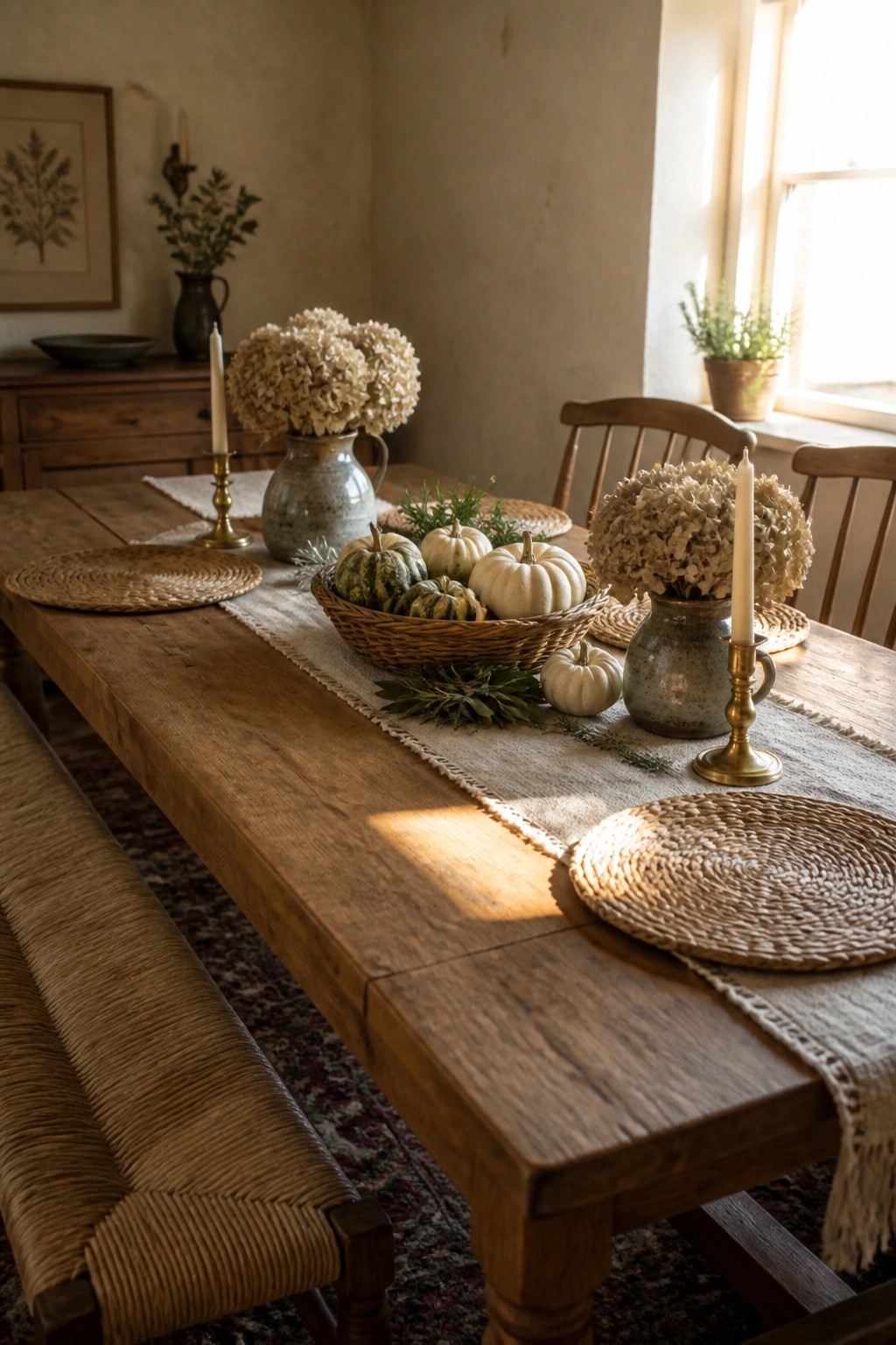 A wooden dining table with a linen runner, a wicker basket of small pumpkins, dried hydrangeas in vases, and brass candle holders.