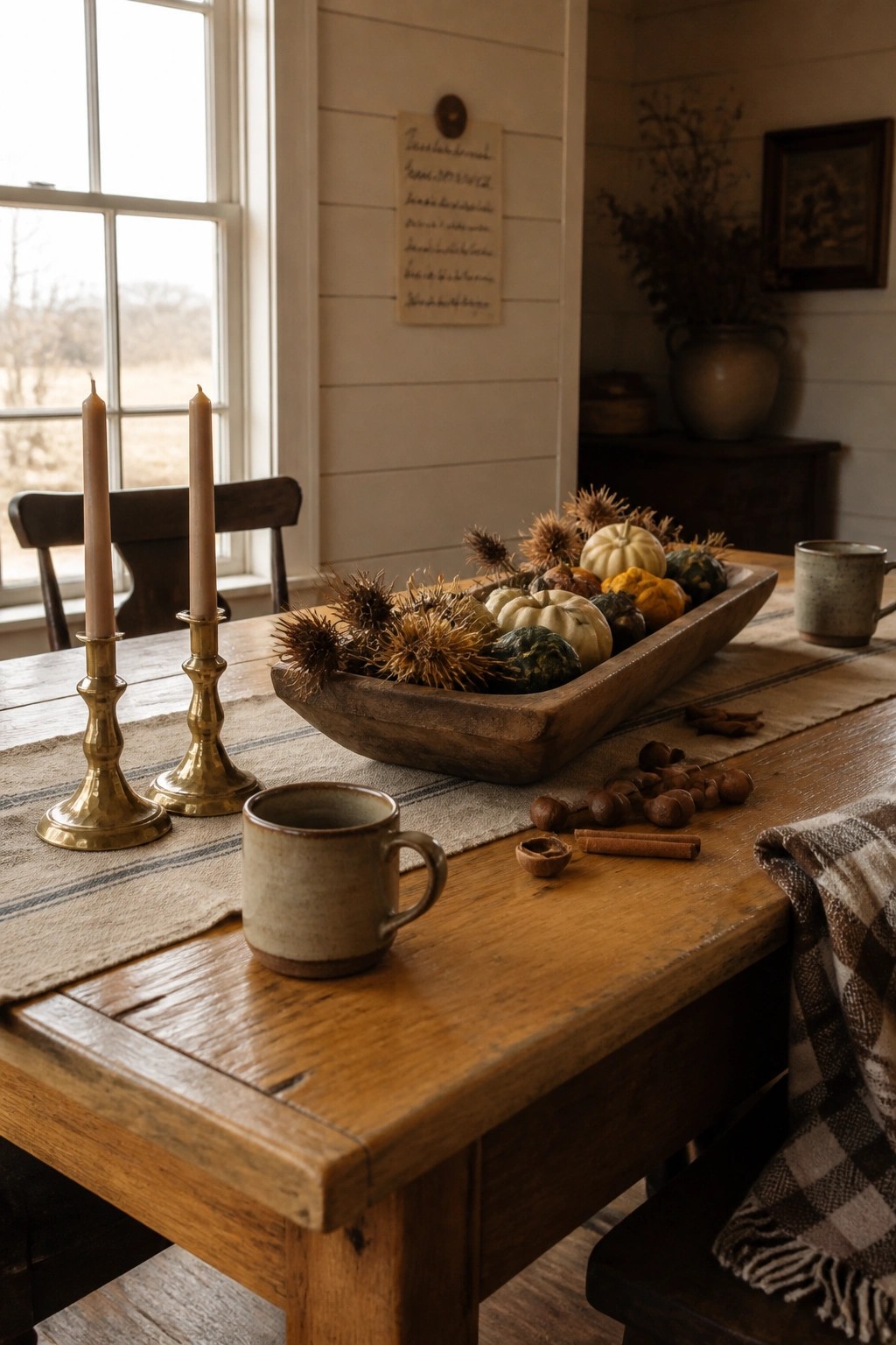 A wooden dining table with a long wooden trough centerpiece filled with small pumpkins, gourds, and dried thistles, flanked by brass candlesticks and ceramic mugs.