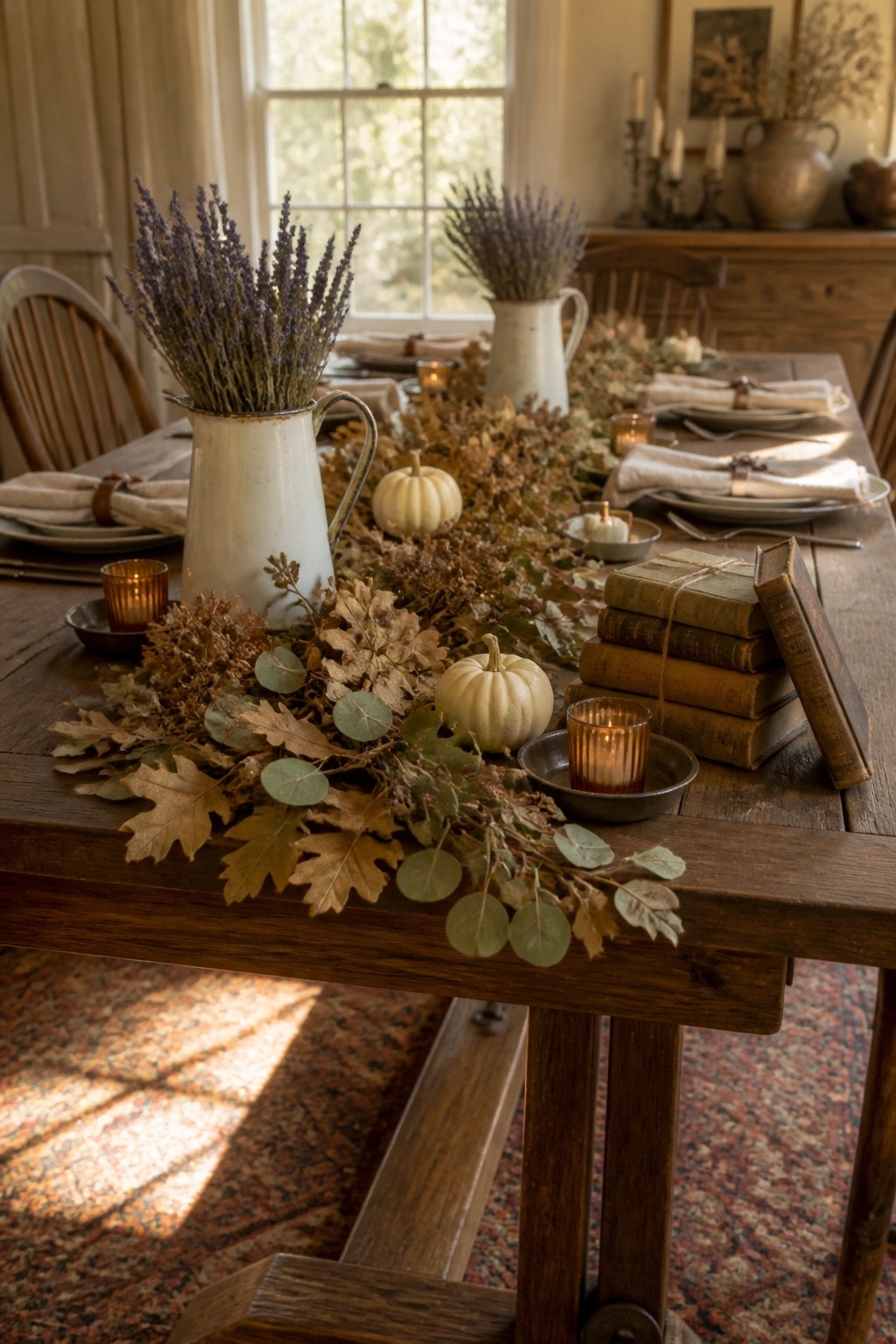 A wooden dining table with a long centerpiece of dried autumn leaves, small white pumpkins, lit candles, and bunches of lavender in white pitchers.