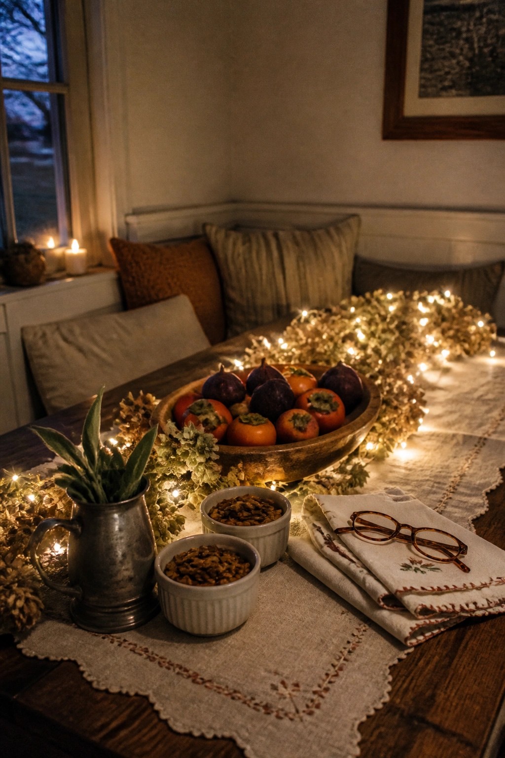 A wooden bowl of persimmons and figs sits on a table with string lights, two small bowls of nuts, a metal pitcher with greenery, and folded napkins nearby.